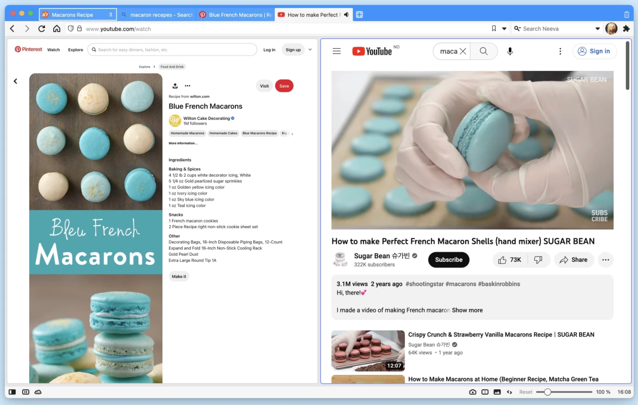 Multiple tabs open in Vivaldi Browser with a page about French Macarons being accessed