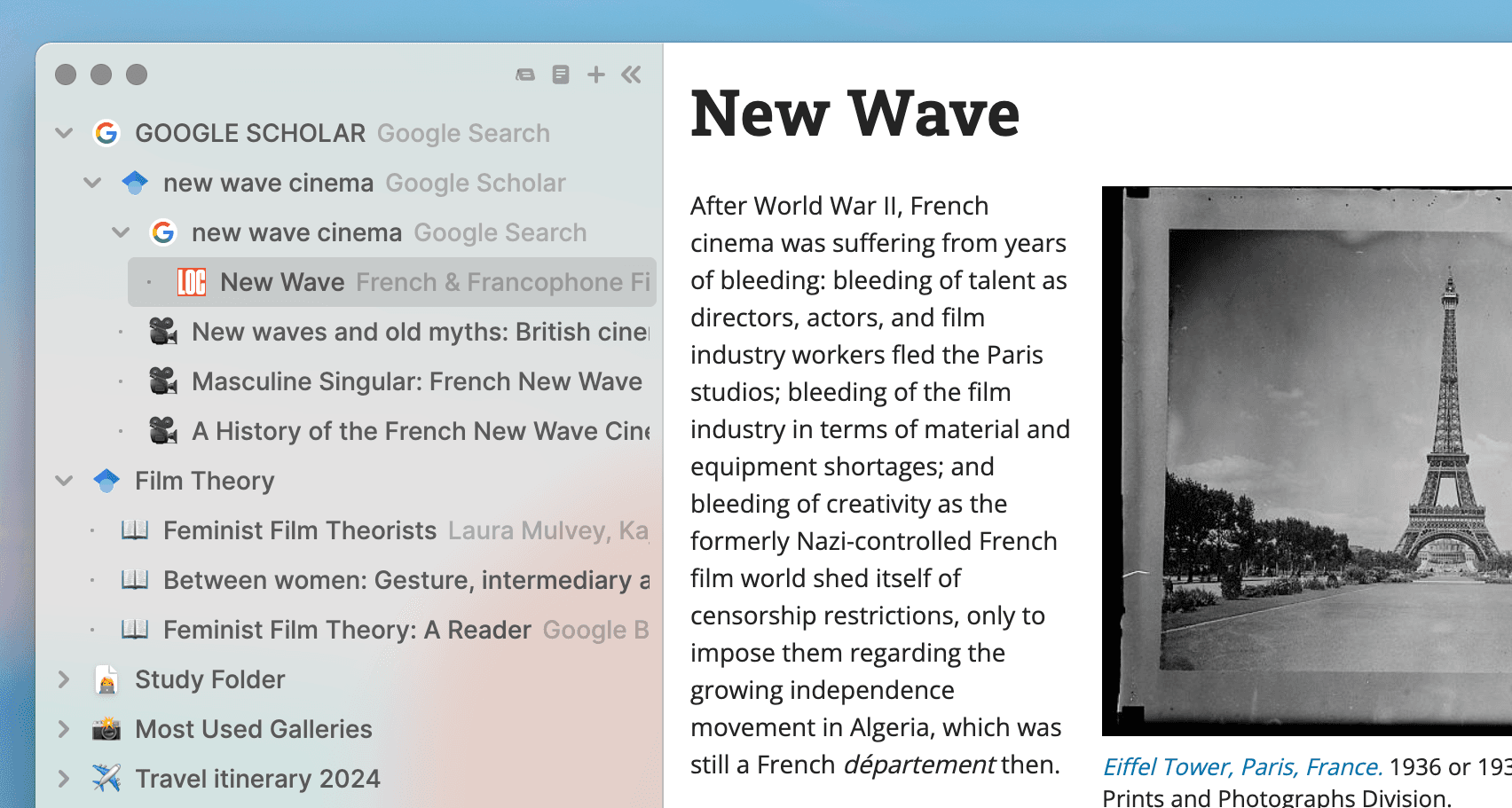 Horse Browser showing hierarchical Trails feature with open pages from Google Scholar search on Film Theory