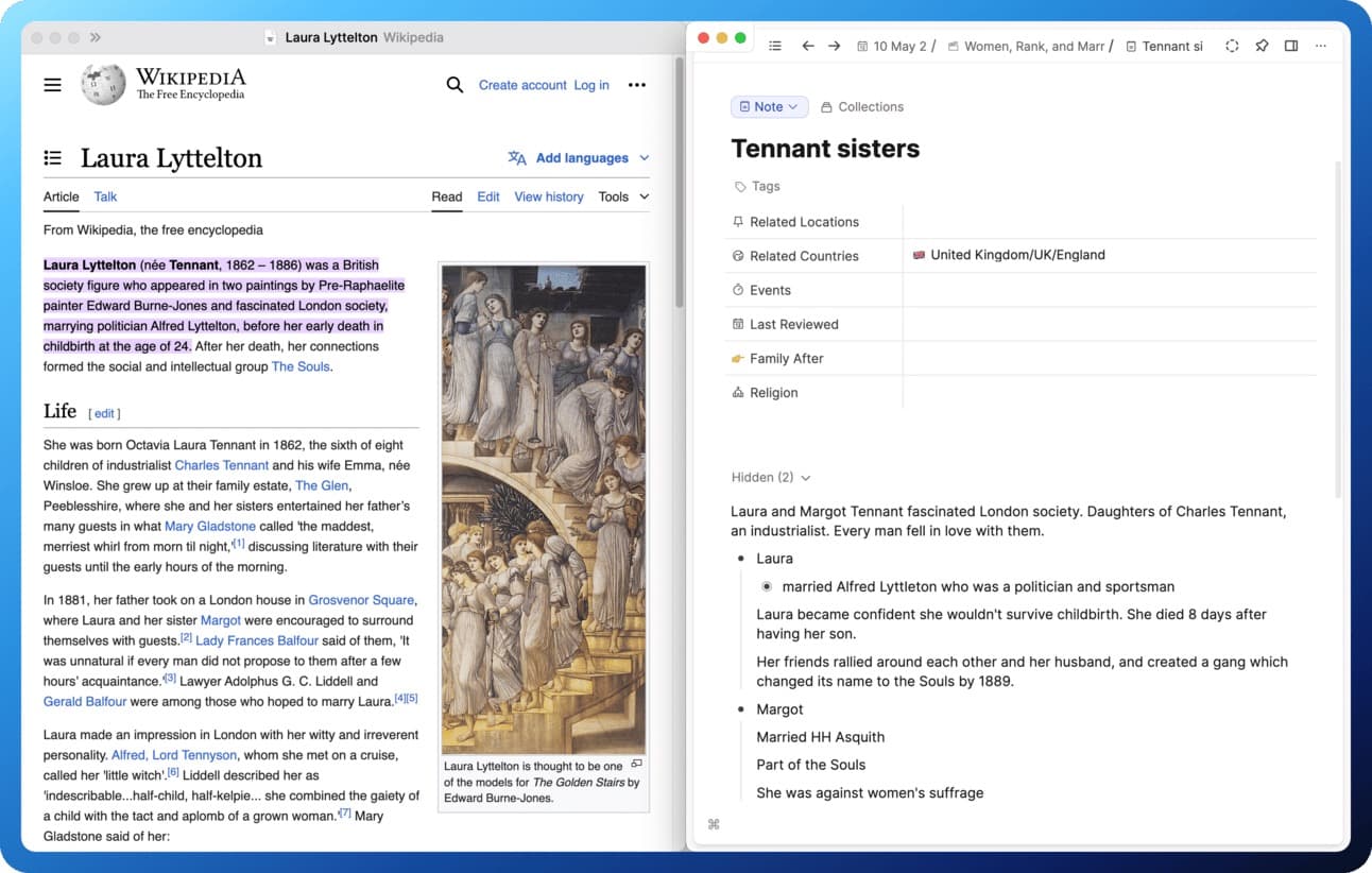Beth's dual-window setup: Horse Browser (left) with the sidebar collapsed for exploration, Capacities (right) for note-taking and synthesis