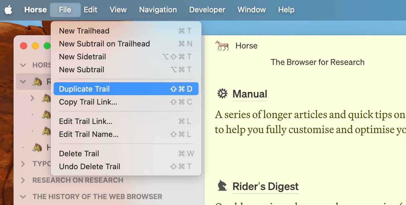 Horse Browser Menu with option to duplicate Trail