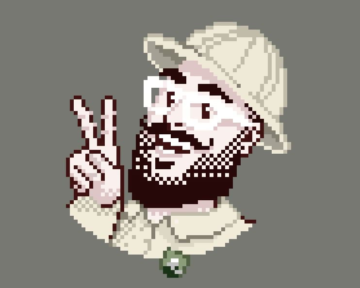Pixel Art portrait of Pascal Pixel wearing a safari hat and making a peace sign