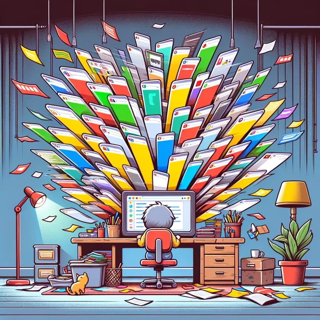 Cartoon man sat at a desk facing a computer screen with lots of webpages exploding from behind the screen