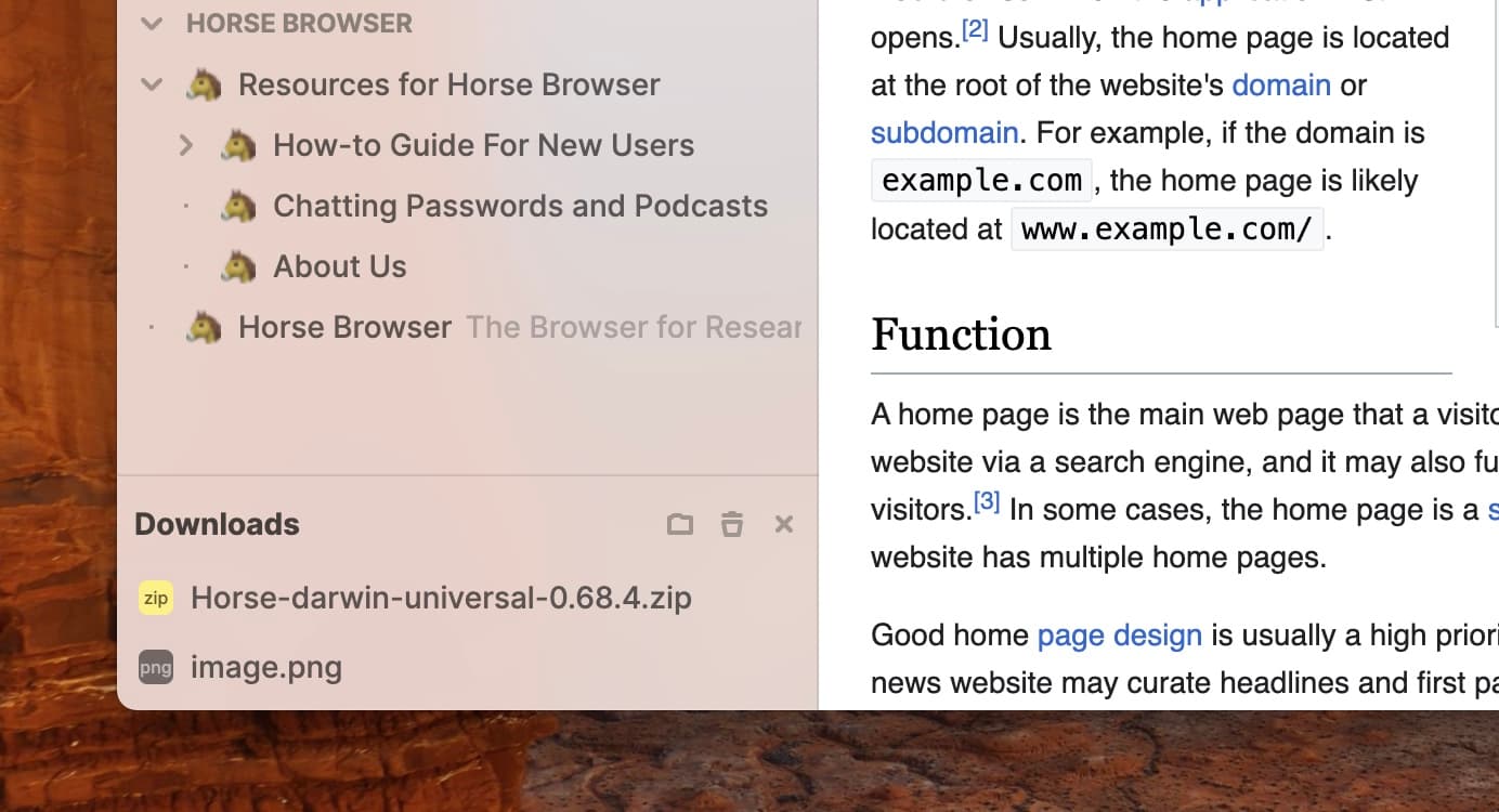 Downloads list in Horse Browser