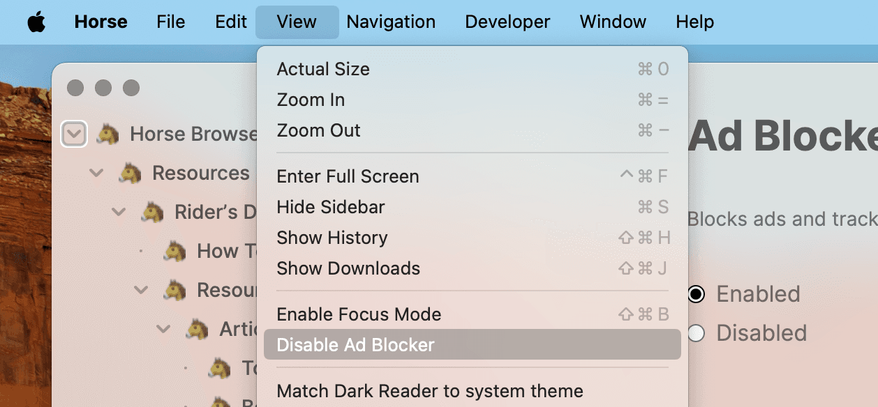 Horse Browser’s Menu with View and Disable Ad Blocker selected