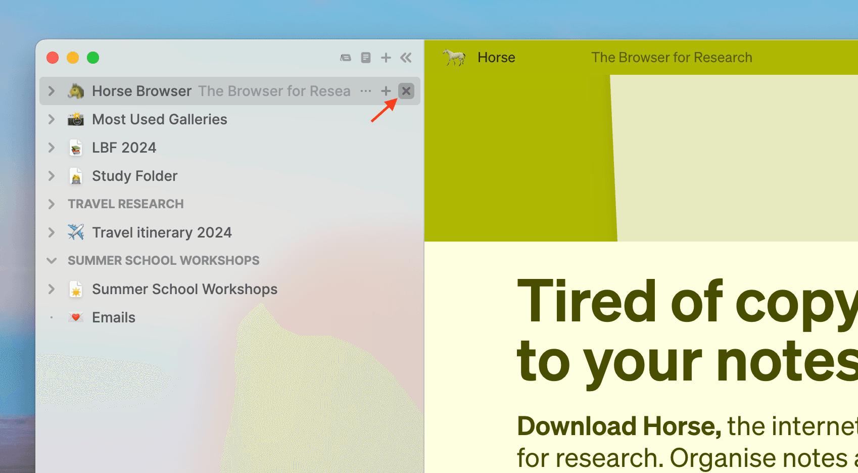 Arrow pointing at button to close Trail of pages in Horse Browser