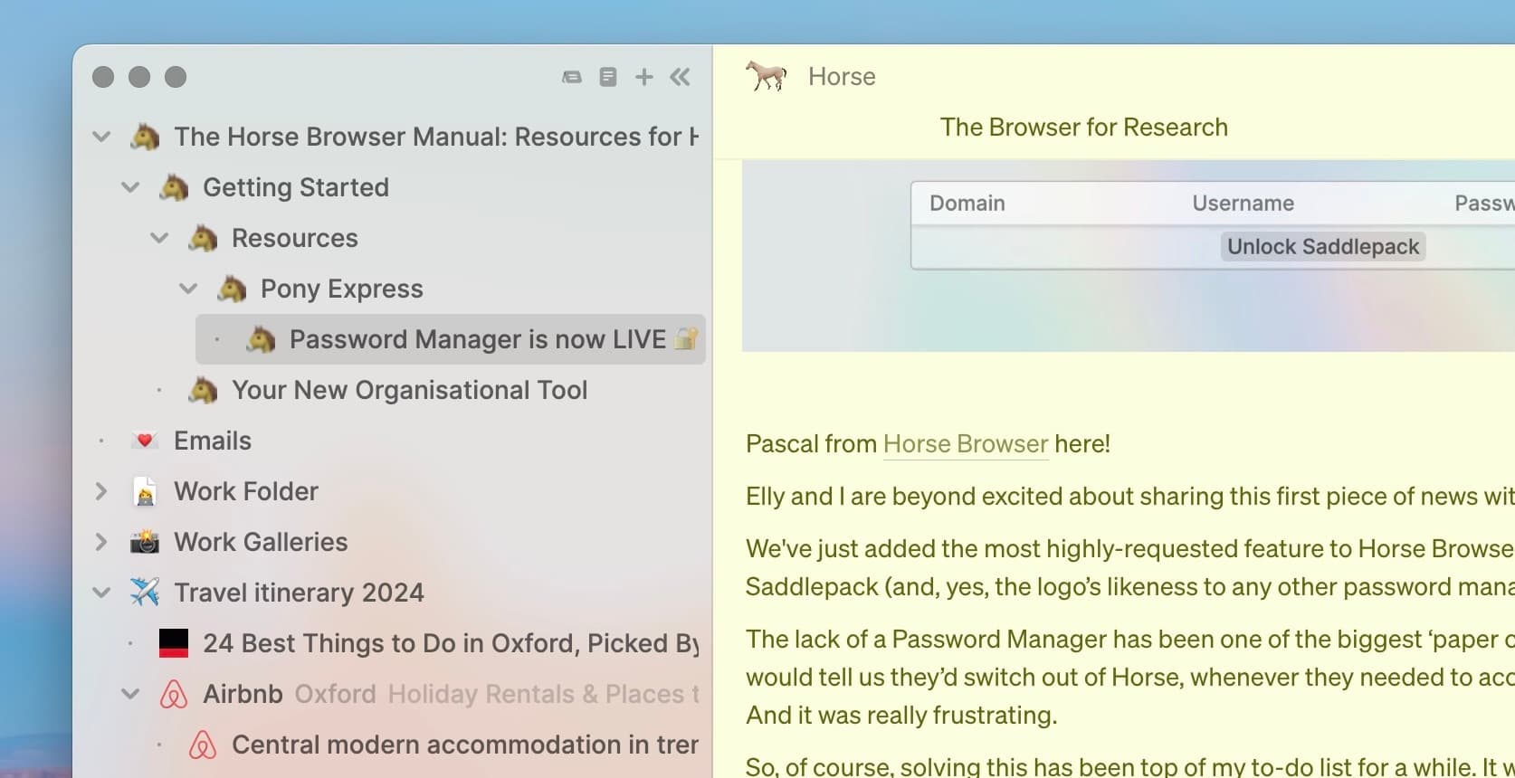 Horse Browser’s Trails feature, with hierarchical nested pages listed in a sidebar on the left of the browser