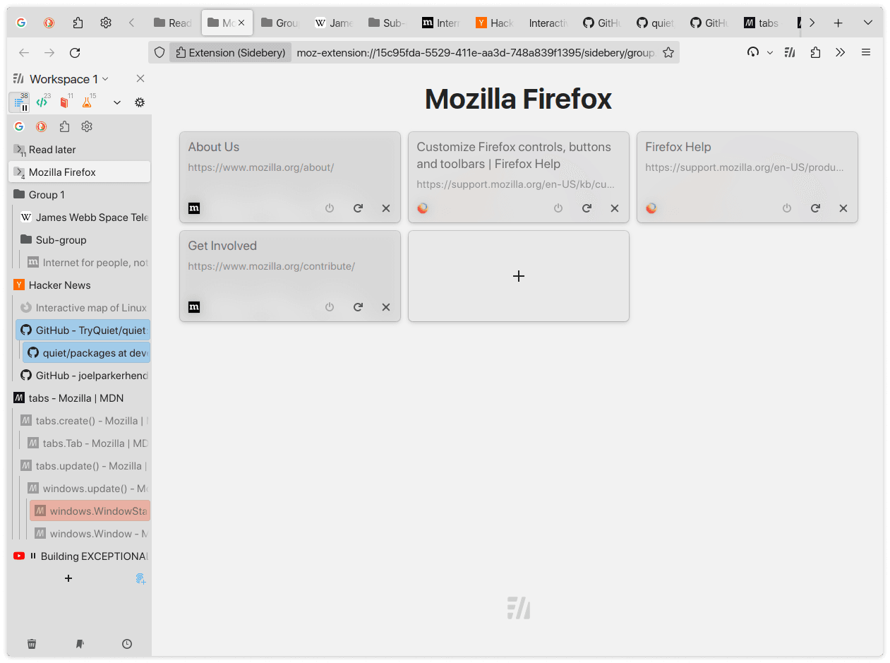 Sidbery Extension in Mozilla Firefox with Tree Style Tabs added to the left of the browser with normal tabs still in view