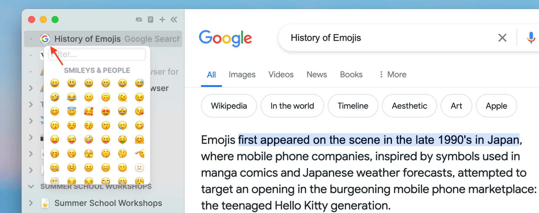 Emoji menu and icon button for custom icons in Horse Browser