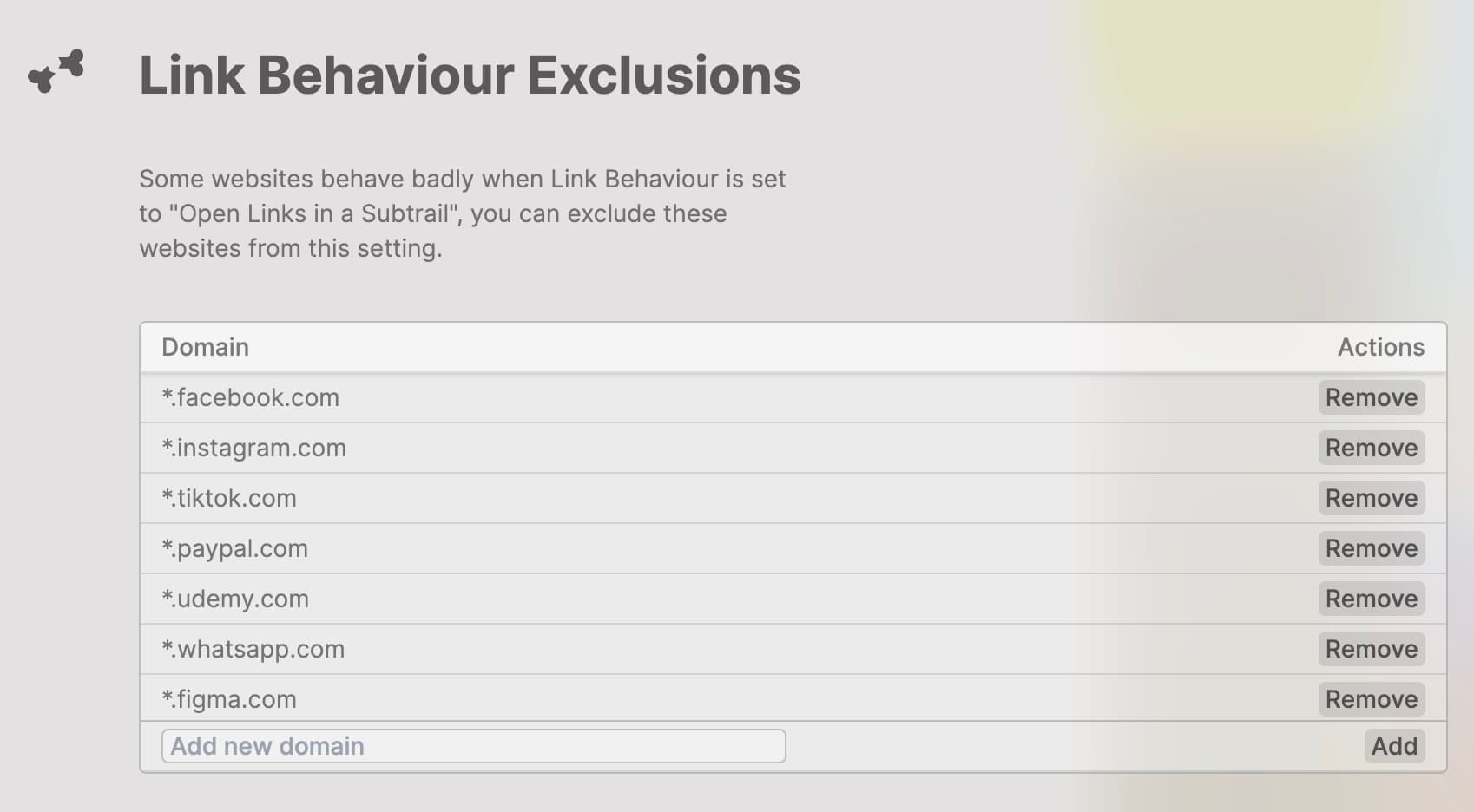 Link Behaviour Exclusions in Horse Browser
