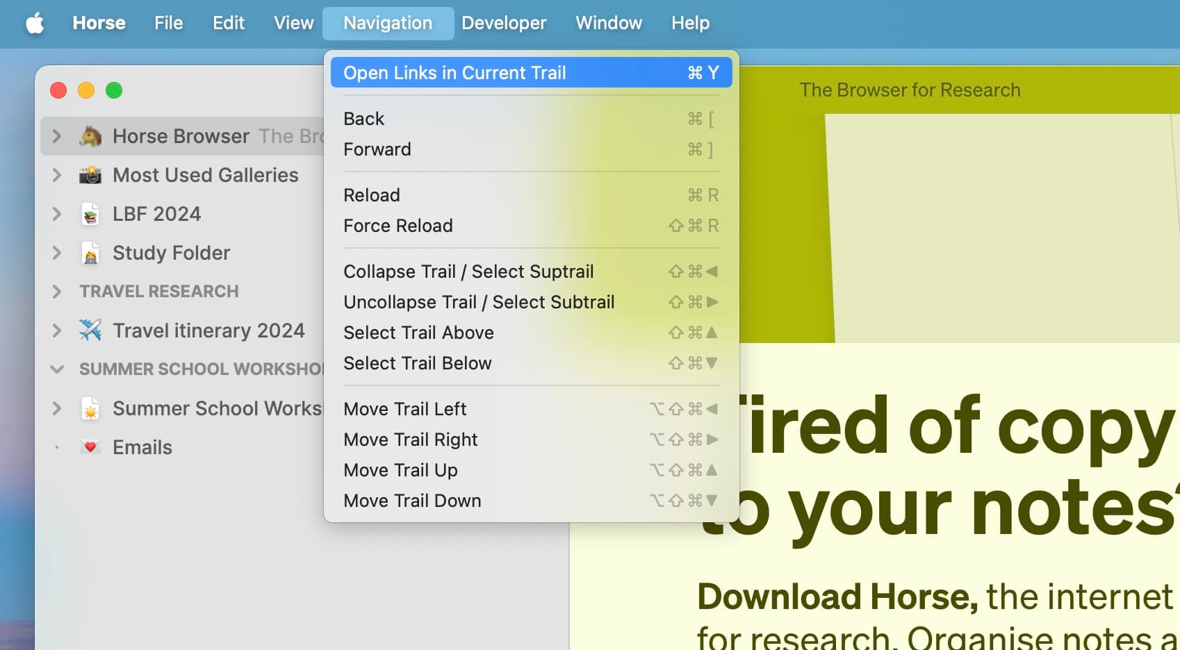 Navigation Menu in Horse Browser with Link Behaviour Action