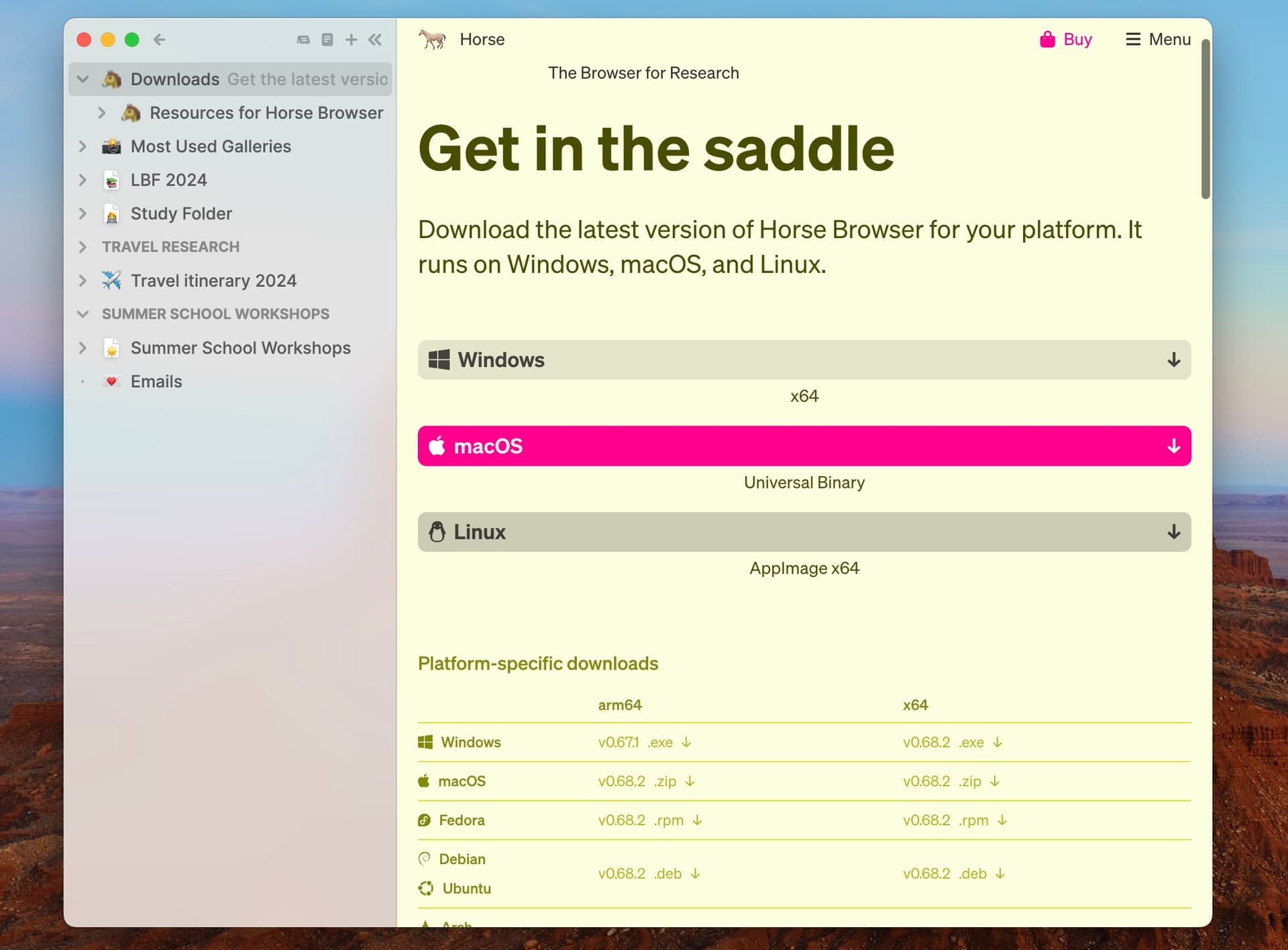 Download webpage showing different versions of Horse Browser