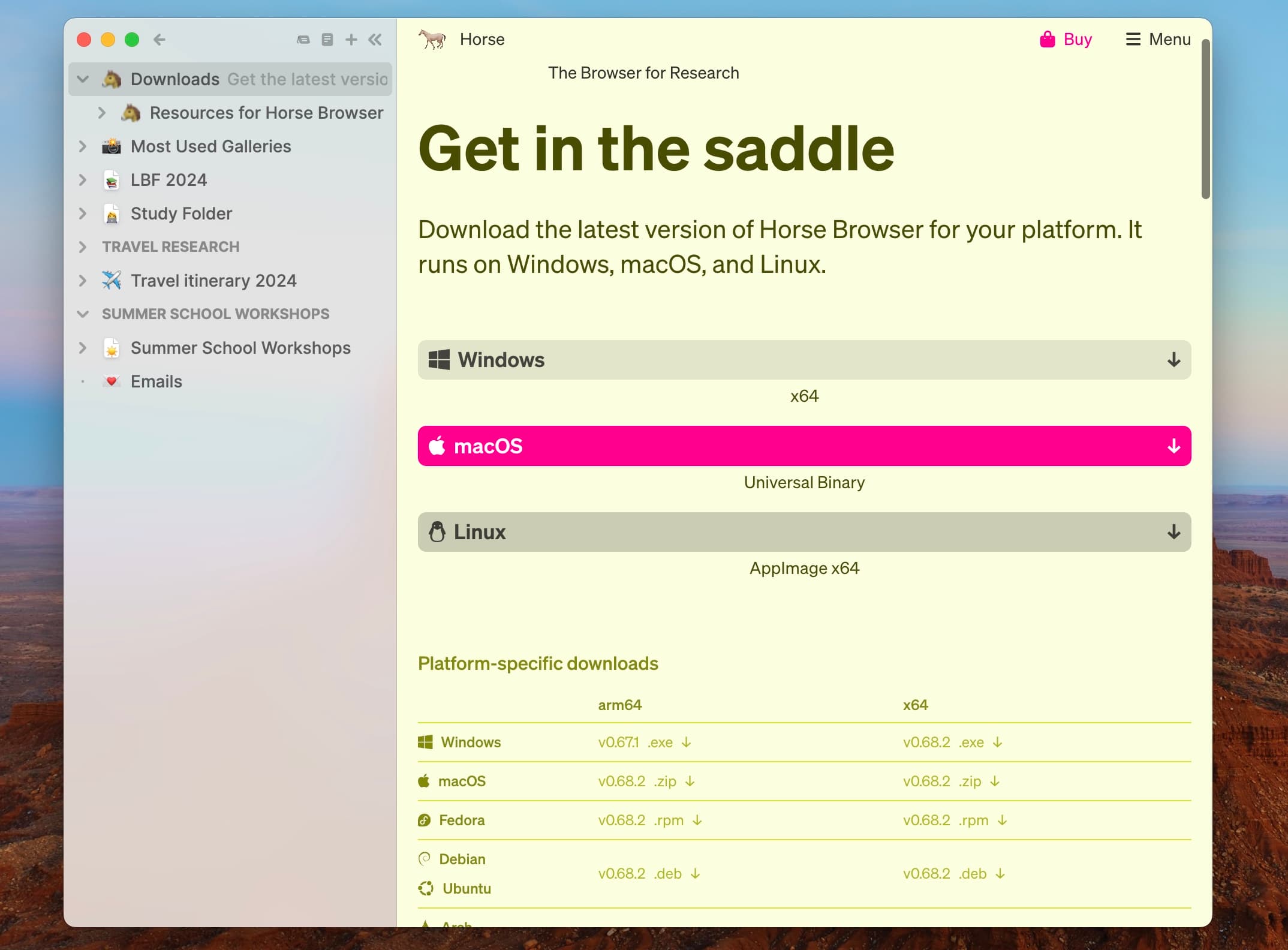 Download webpage showing different versions of Horse Browser