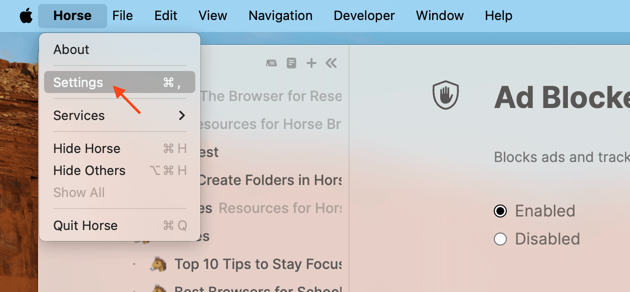 Horse Browser’s Menu bar with Settings selected