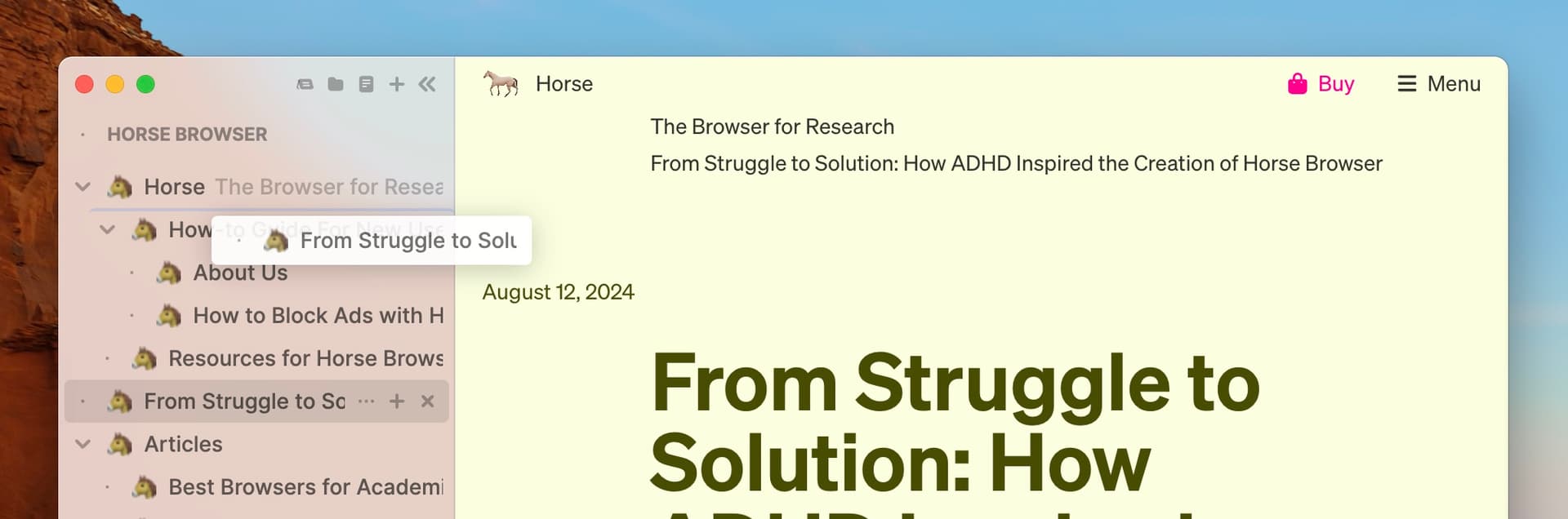 Moving a page within Horse Browser’s sidebar
