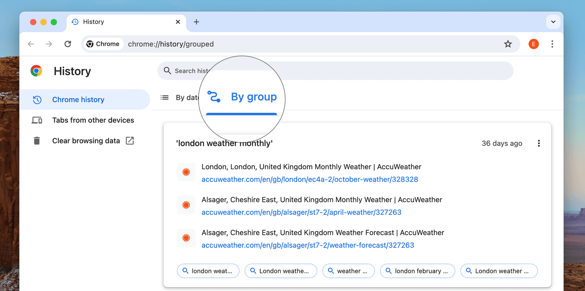 Searching tab history by group in Google Chrome