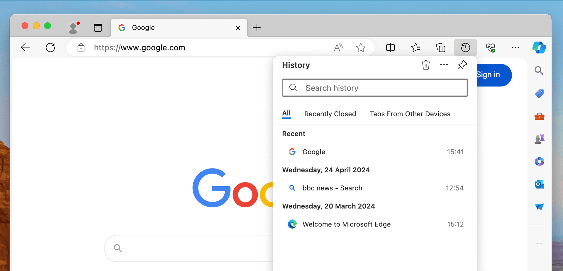 Pop-Up History Window in Google Chrome web browser with list of previously visited sites by date