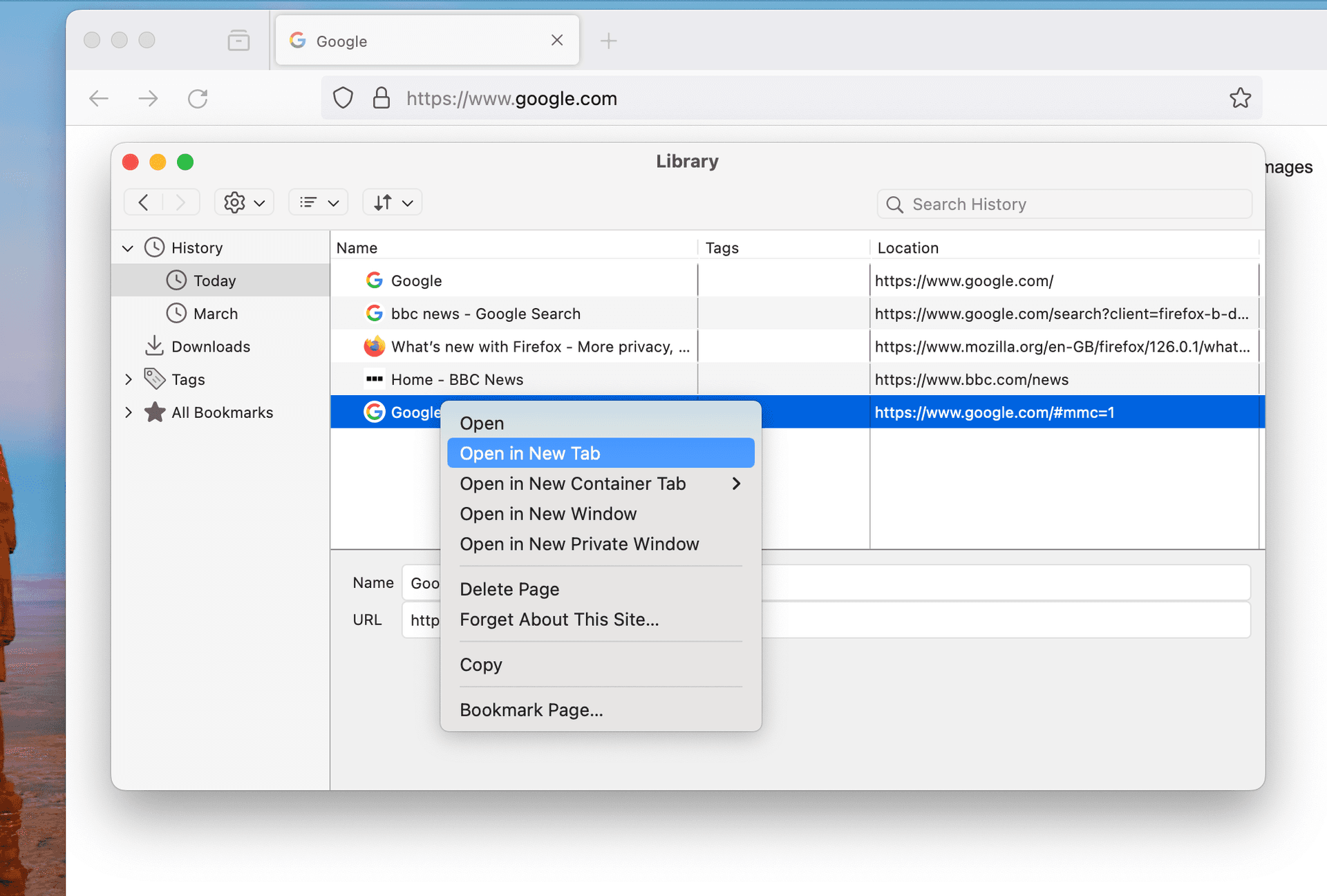 Pop-up window showing browser history in Mozilla Firefox with Menu to select how to Restore Tabs