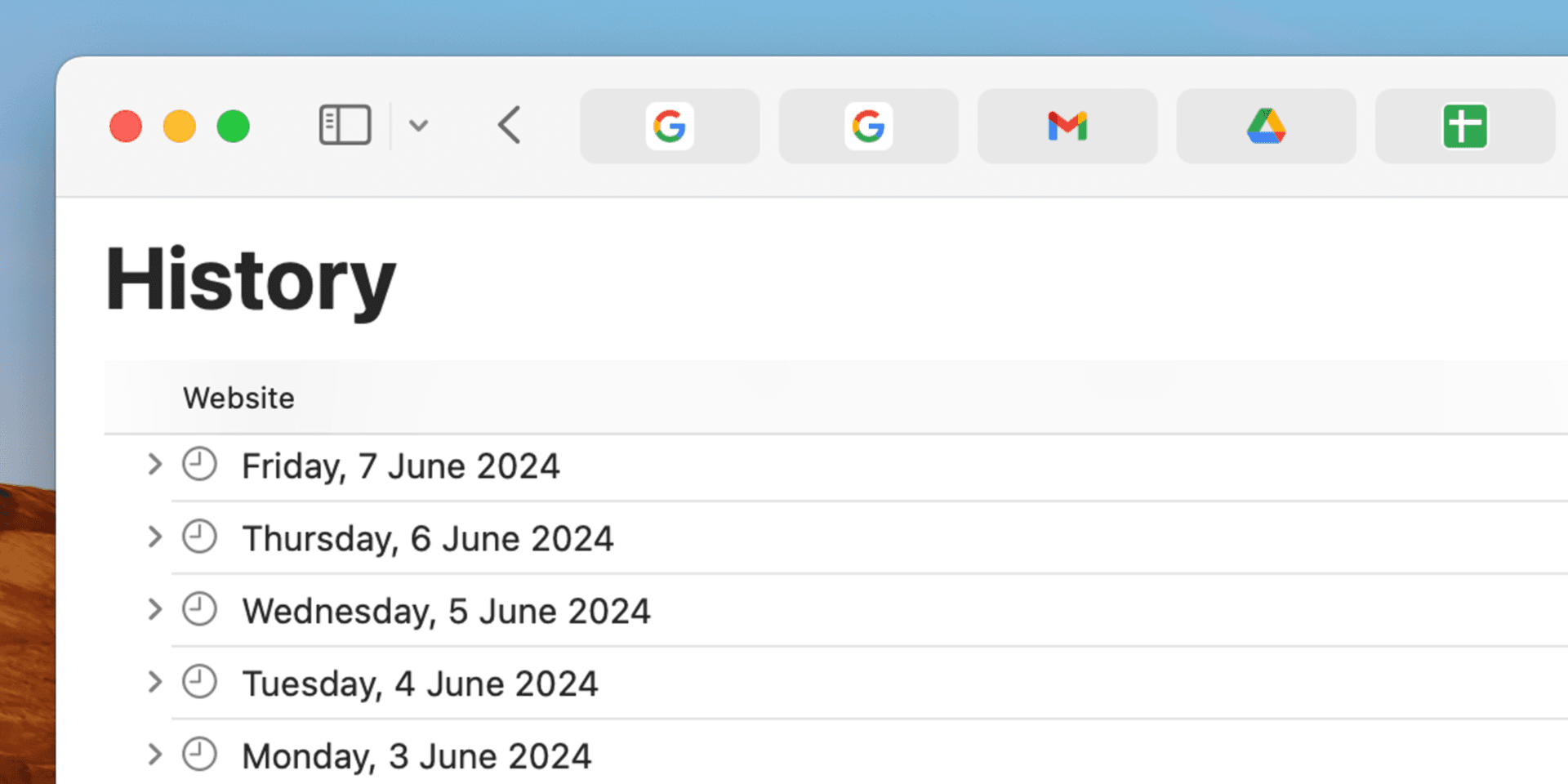 Safari web browser History listed by date