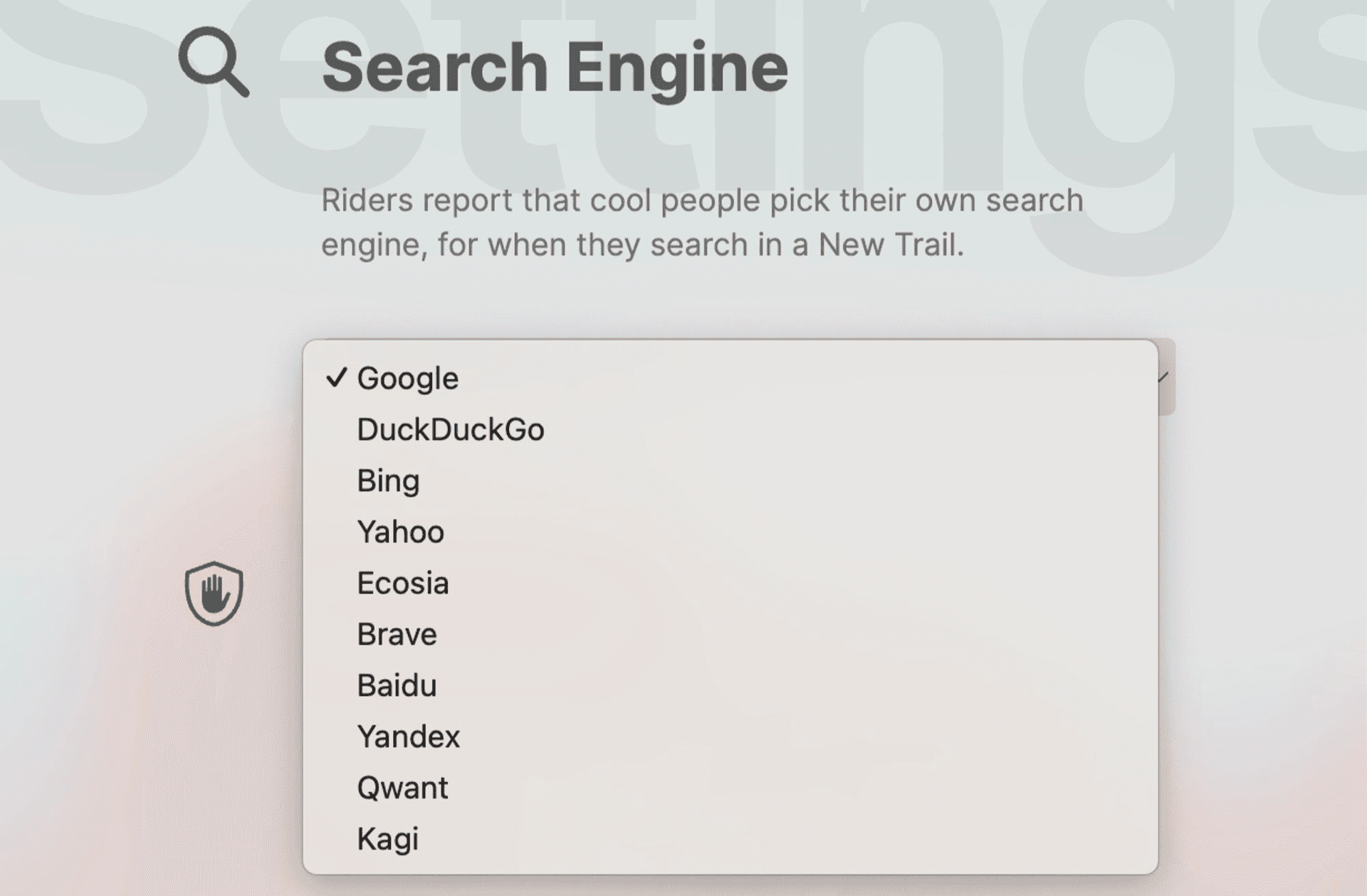 Search Engine options in Horse Browser’s drop down menu, including Bing, DuckDuckGo and Brave