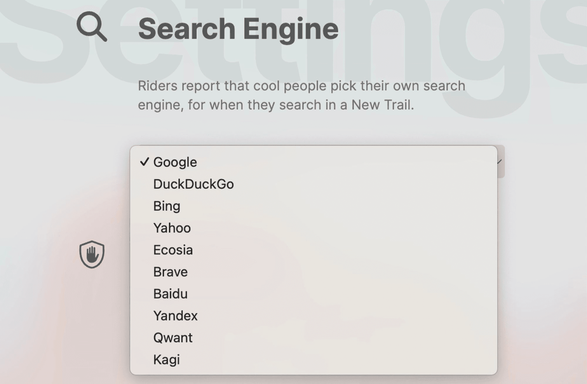 Search Engine options in Horse Browser’s drop down menu, including Bing, DuckDuckGo and Brave