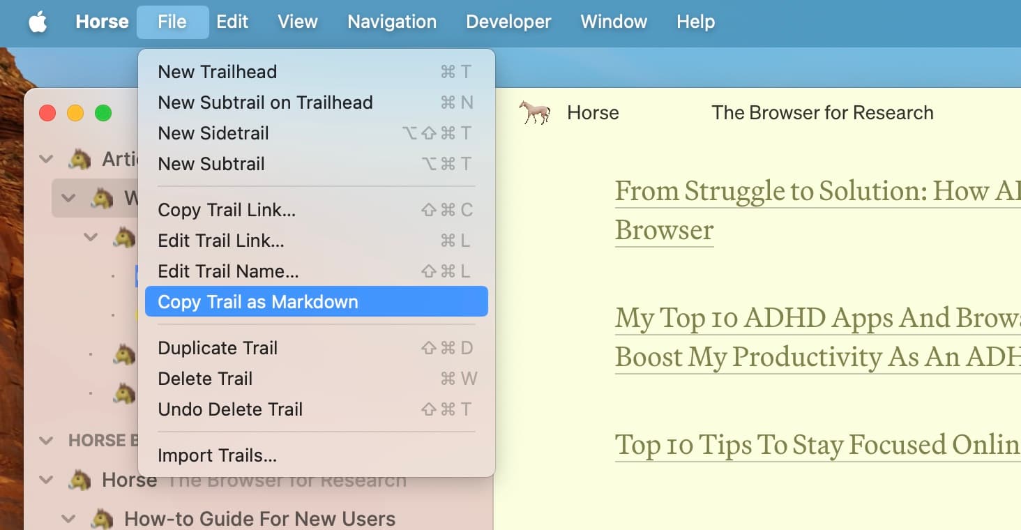 Copy Trail as Markdown feature in Horse Browser