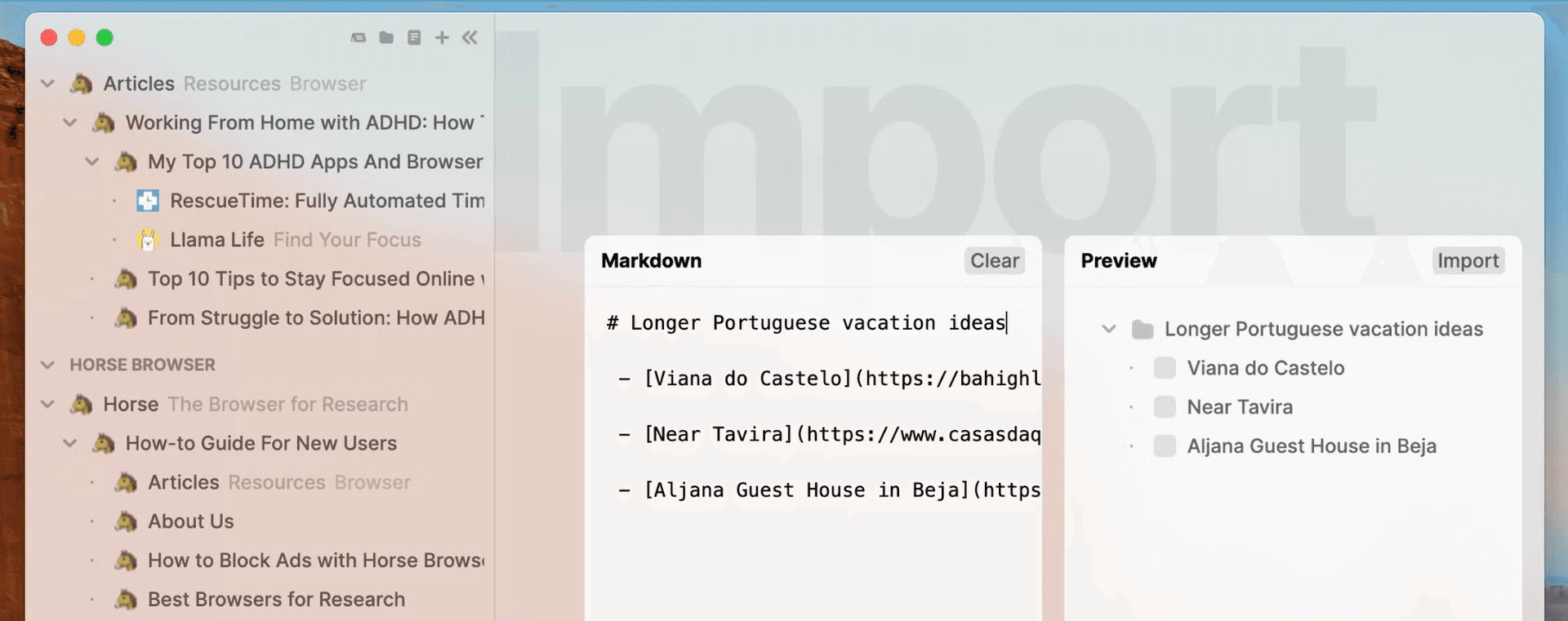 Import Editor in Horse Browser