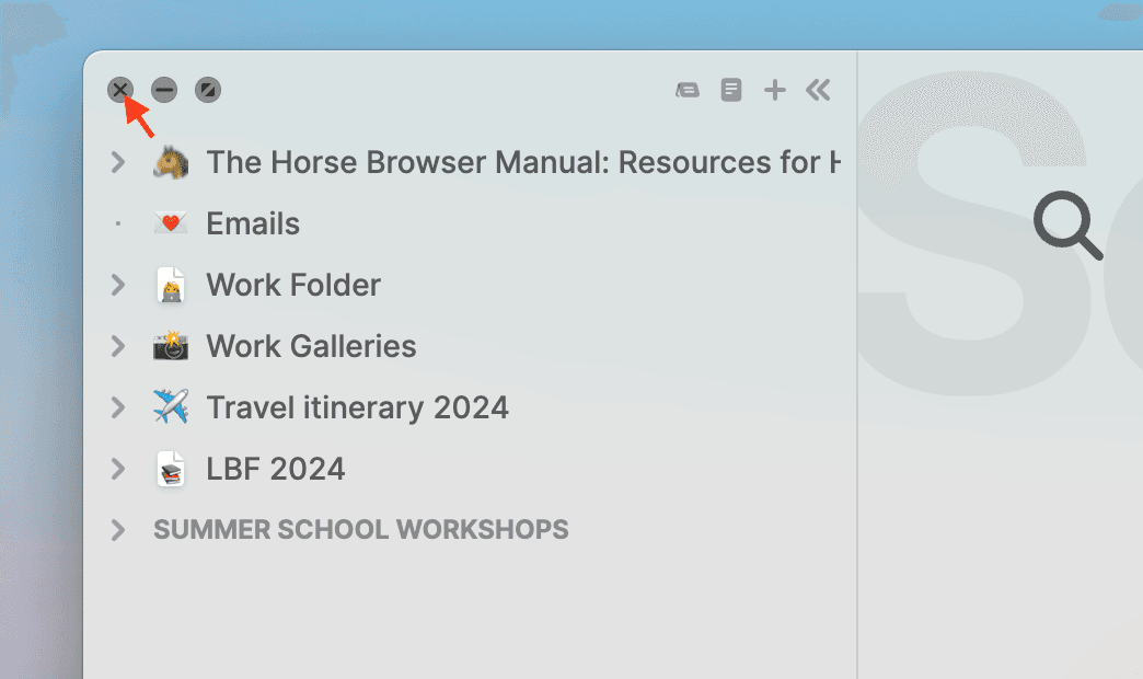 Arrow pointing to the close button at the top of Horse Browser