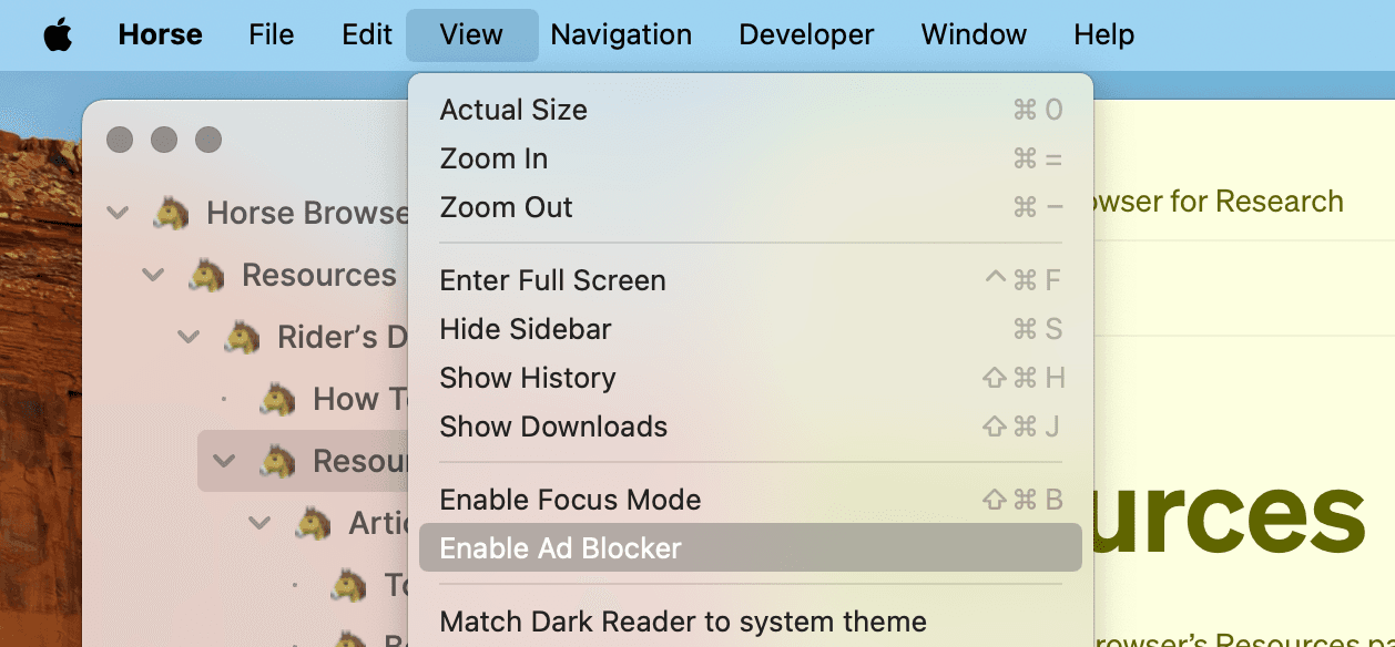 Horse Browser’s Menu with View and Enable Ad Blocker selected