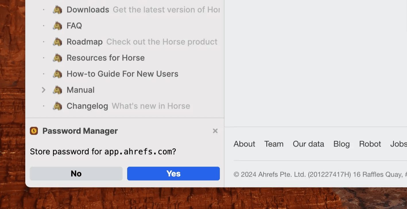 Pop-up message to save password in Horse Browser’s Saddlepack Password Manager