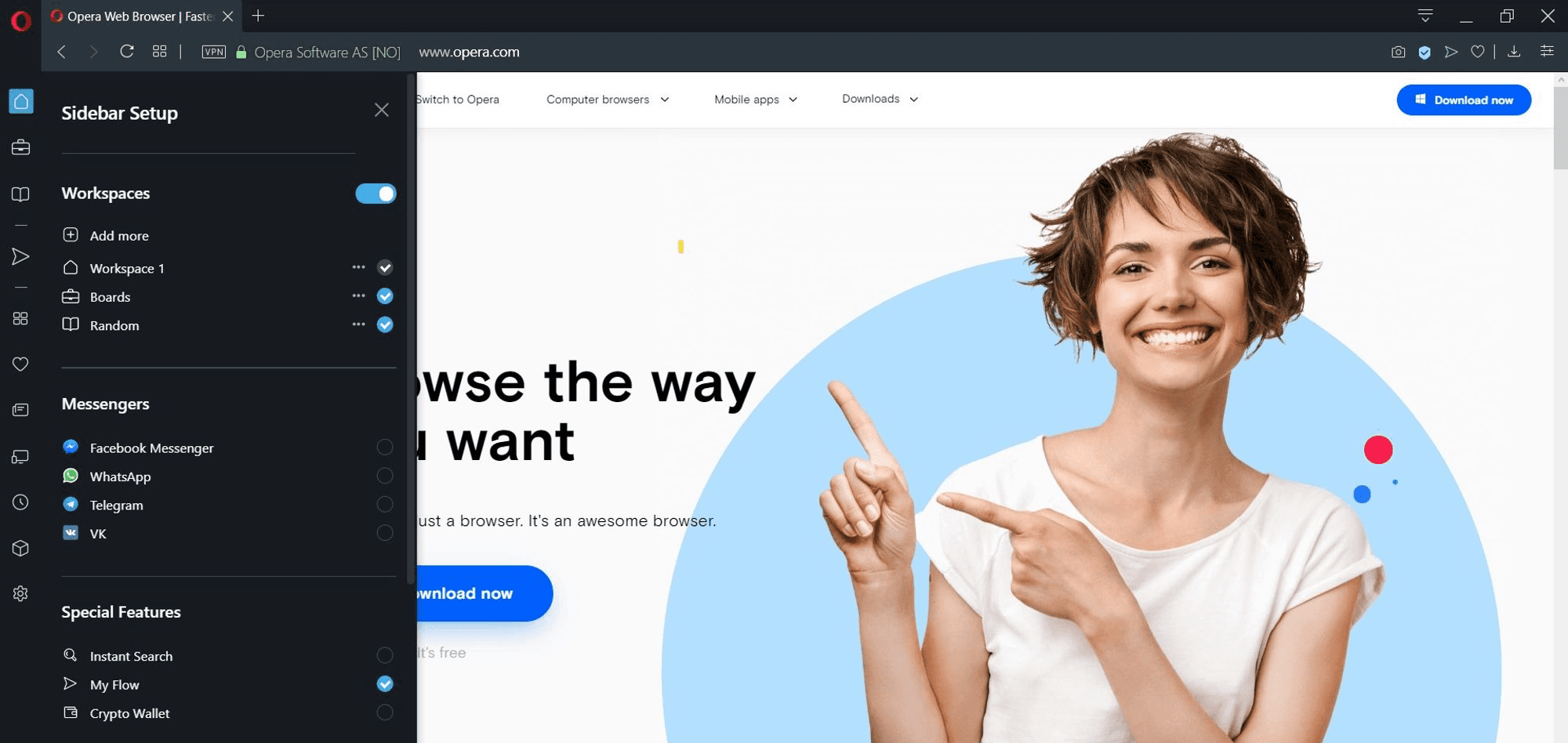 Screenshot of Opera Browser showing sidebar menu