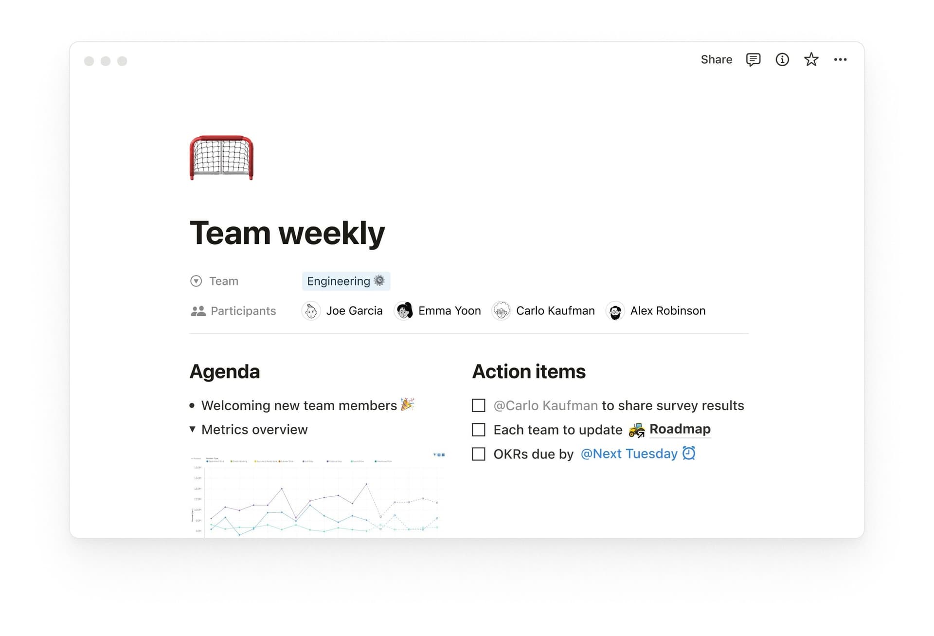 Screenshot of Notion with team weekly page