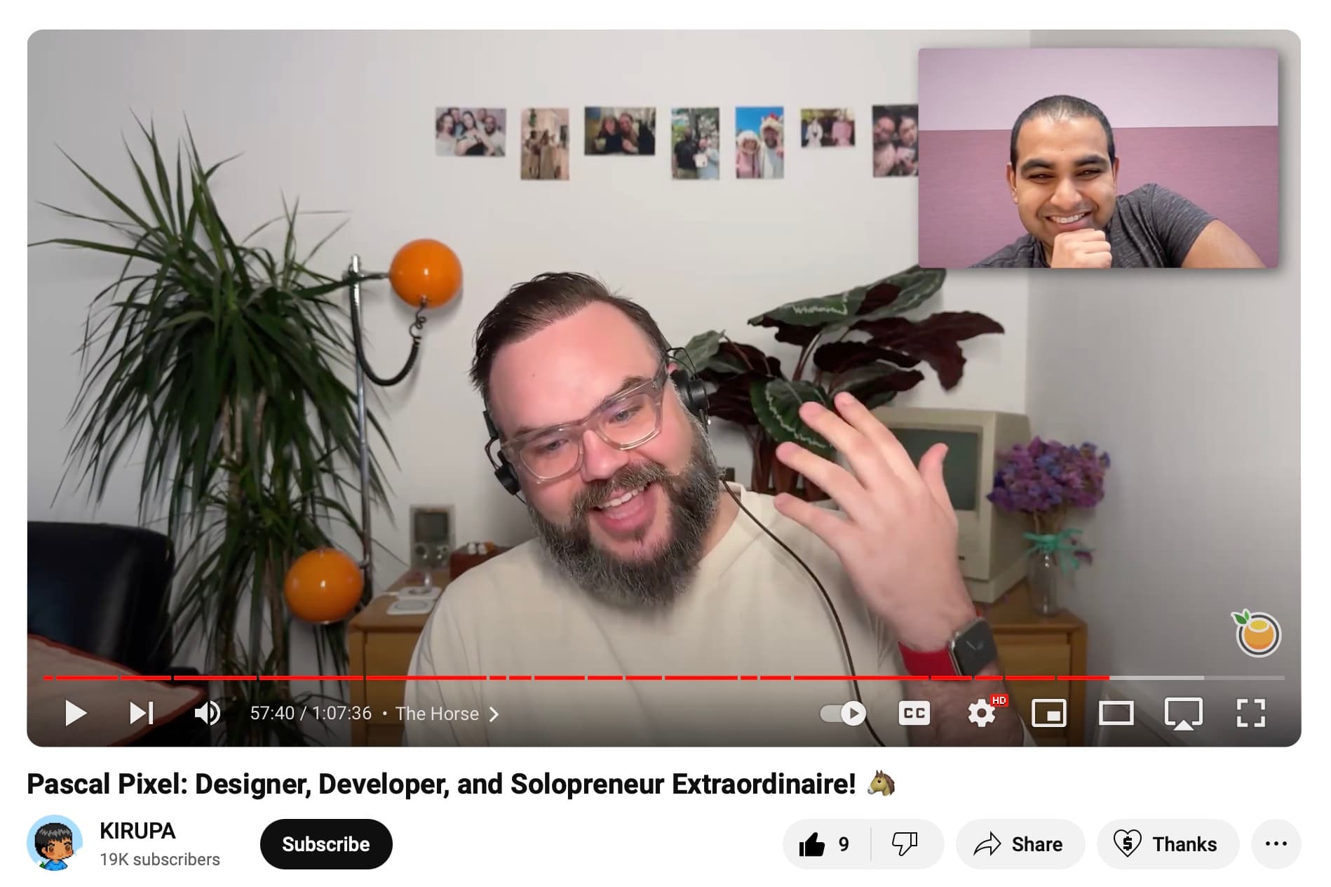 Pascal Pixel smiling and speaking to camera in a podcast with Kirupa, who appears in a pop-up window to the right of the screen, also smiling