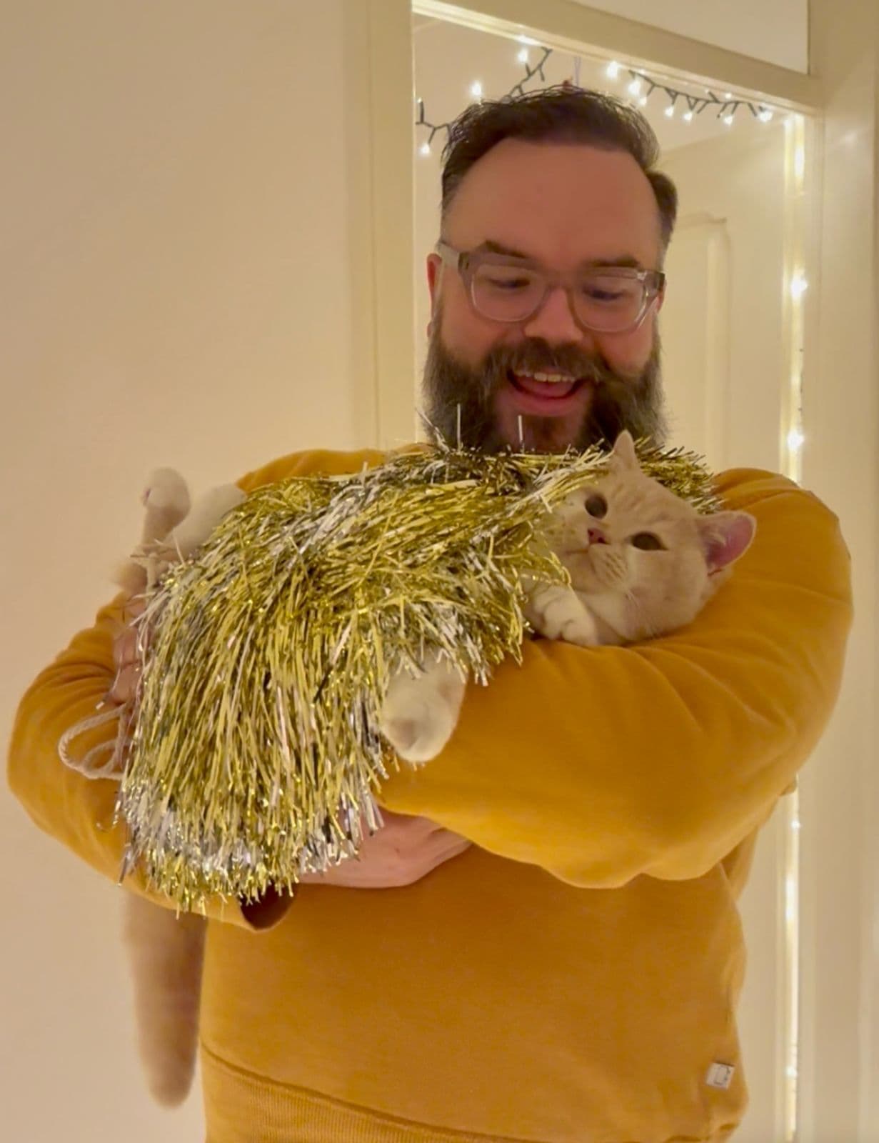 Man with beard holding cat with gold tinsel wrapped around
