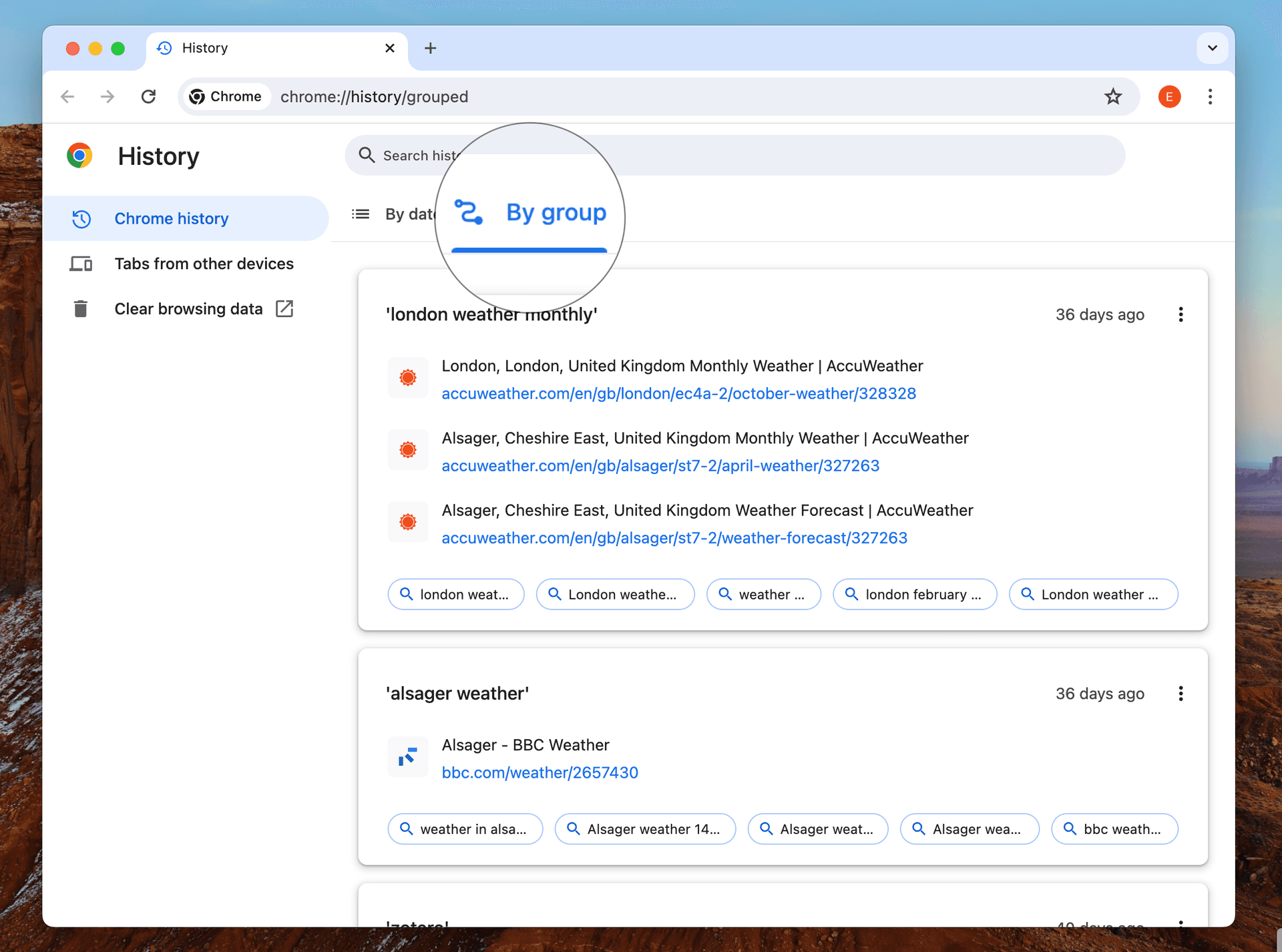 Searching tab history by group in Google Chrome
