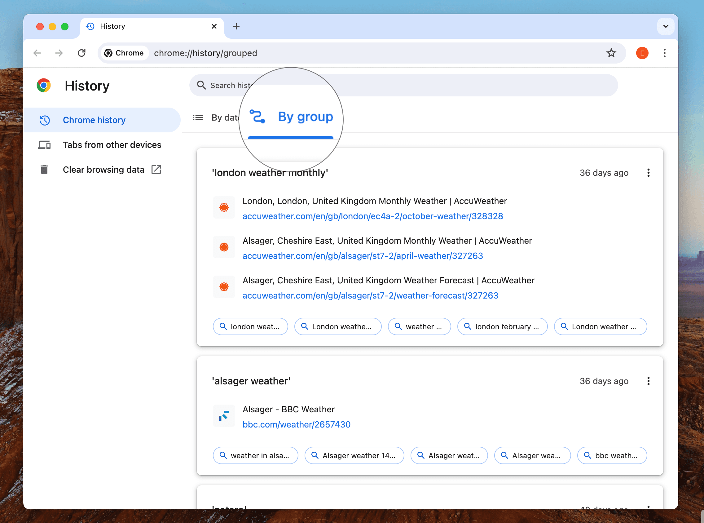 Searching tab history by group in Google Chrome