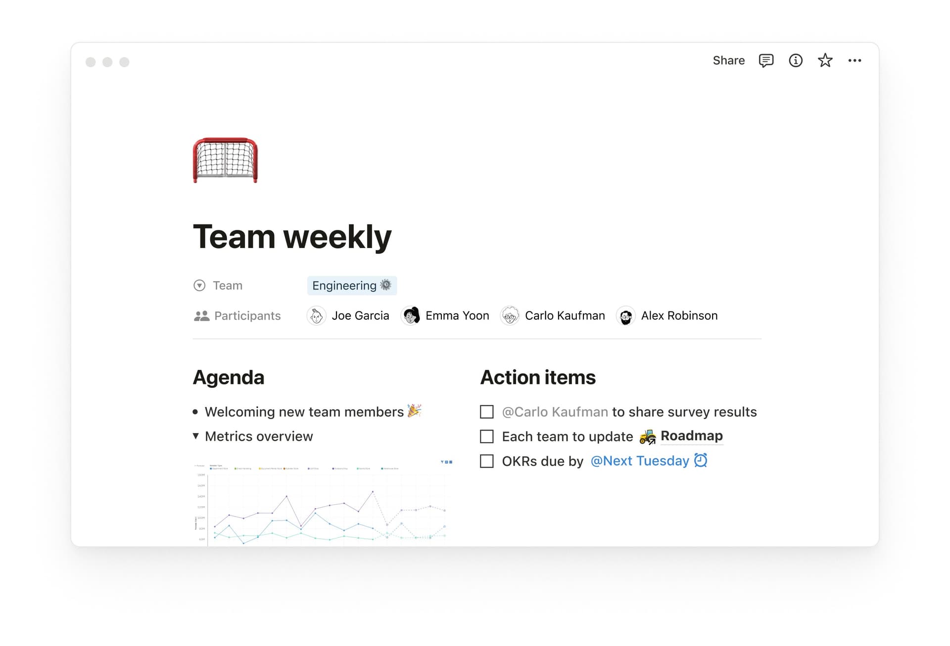 Notion screenshot showing a collaborative team page with tasks and graphs 