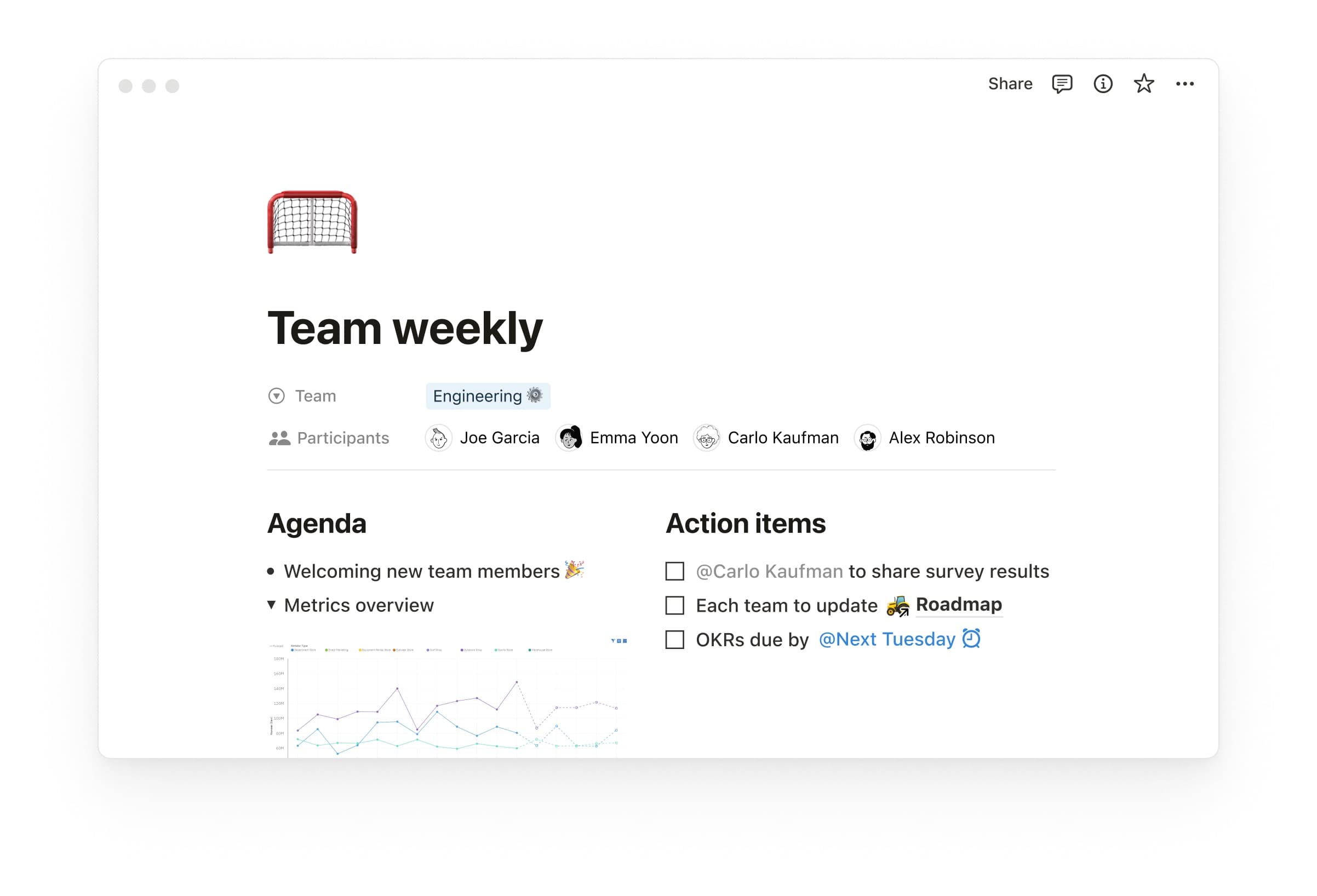 Notion screenshot showing a collaborative team page with tasks and graphs 