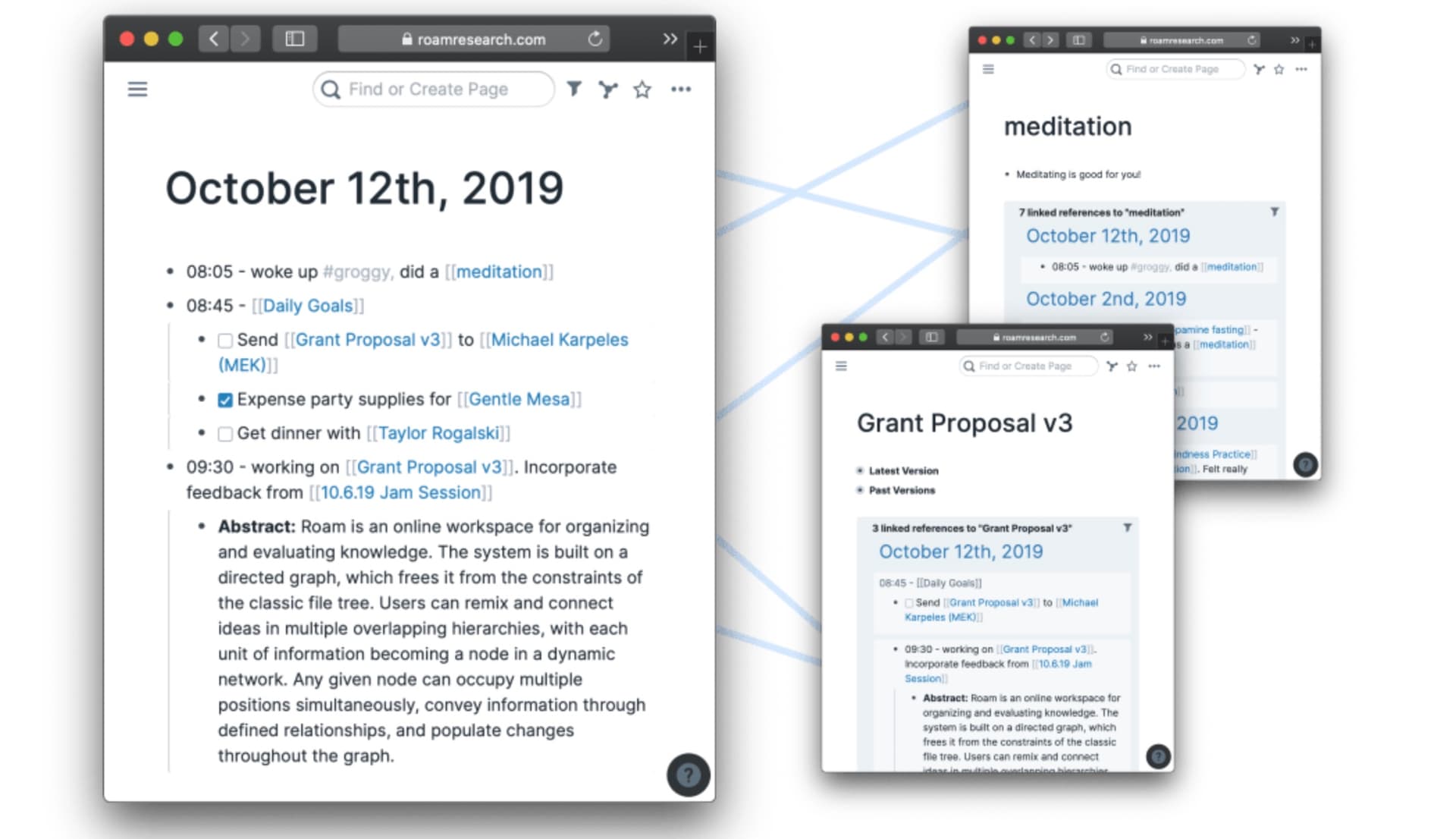 Roam Research screenshot showing bi-directional linking between notes