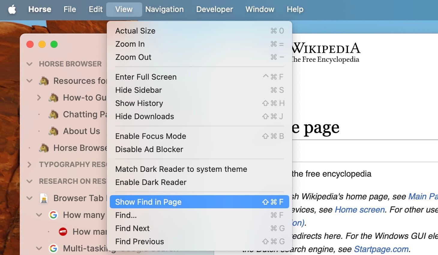 Horse Browser’s Menu with the Show Find In Page option selected