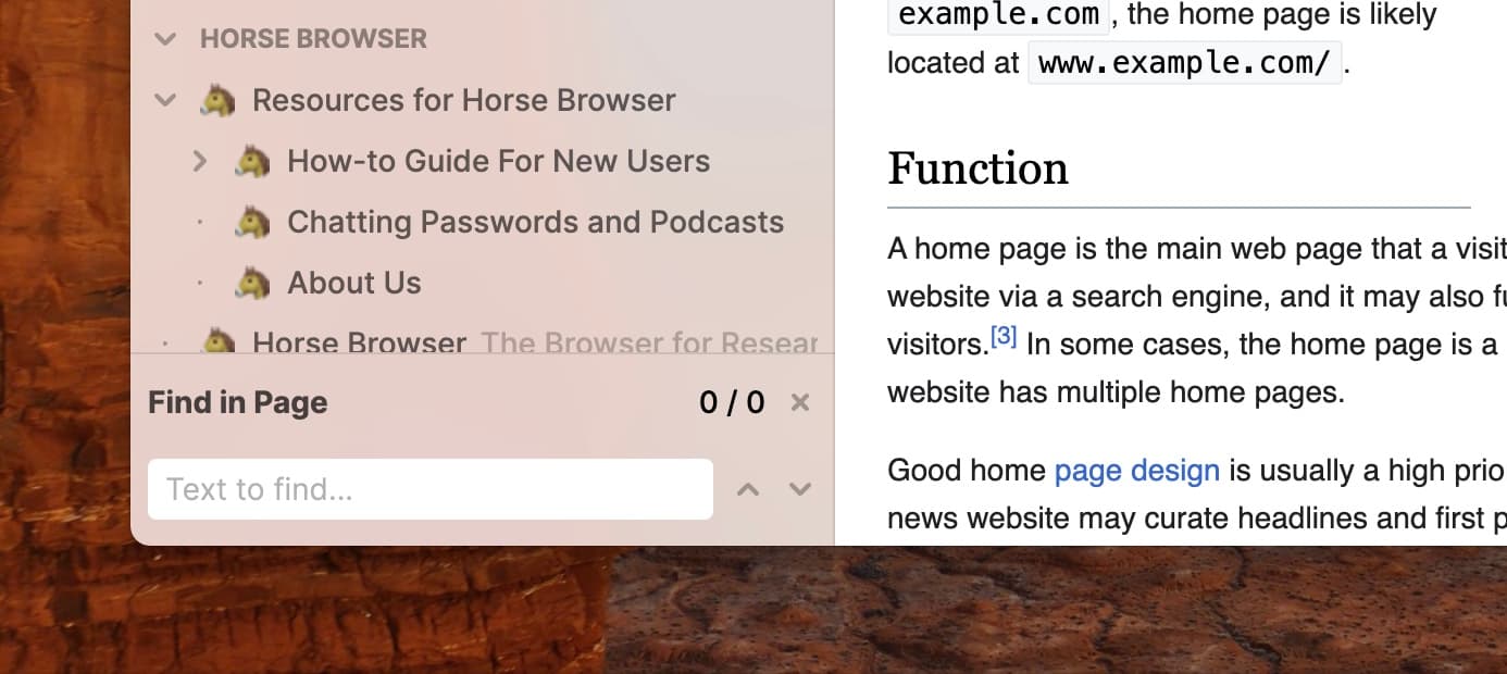 Horse Browser’s Find in Page toolbar shown at the bottom of the browser 