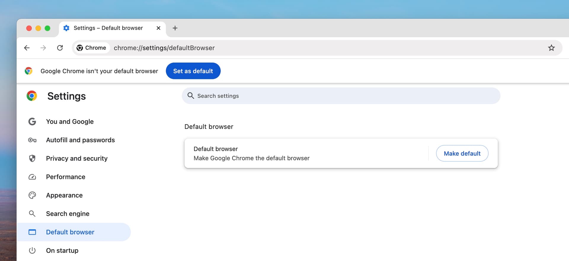 Screenshot of Google Chrome Default Browser Settings 