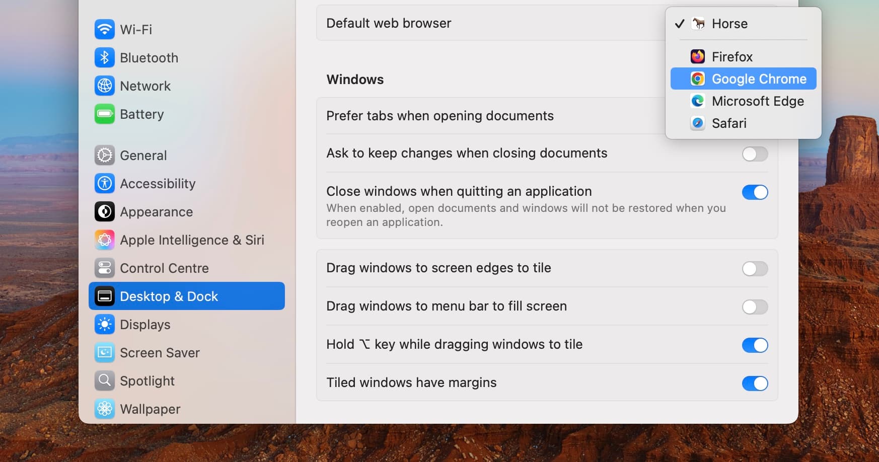 Desktop & Dock Settings on Mac with Google Chrome selected on dropdown menu for Default Browser