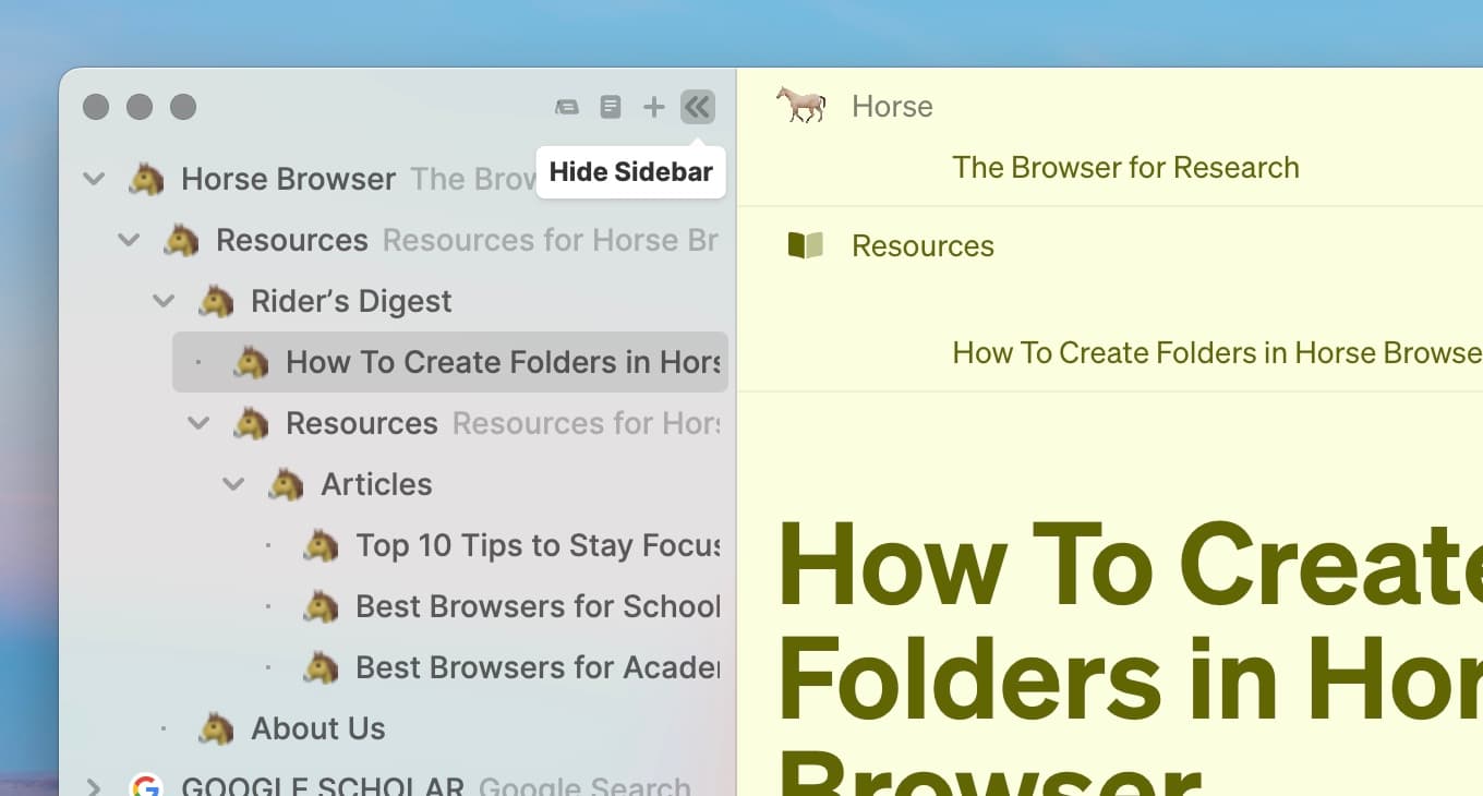 Hide Sidebar button, which hides the sidebar, highlighted at the top of Horse Browser’s sidebar
