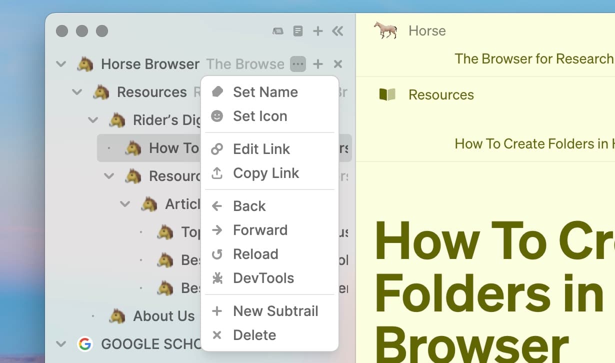 Page Options menu open in Horse Browser’s Sidebar