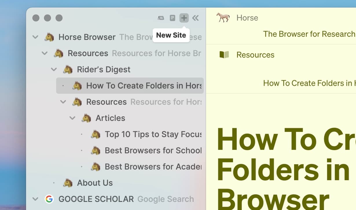 New Site button, which opens up a new Trail in Horse Browser, highlighted at the top of the browser’s sidebar