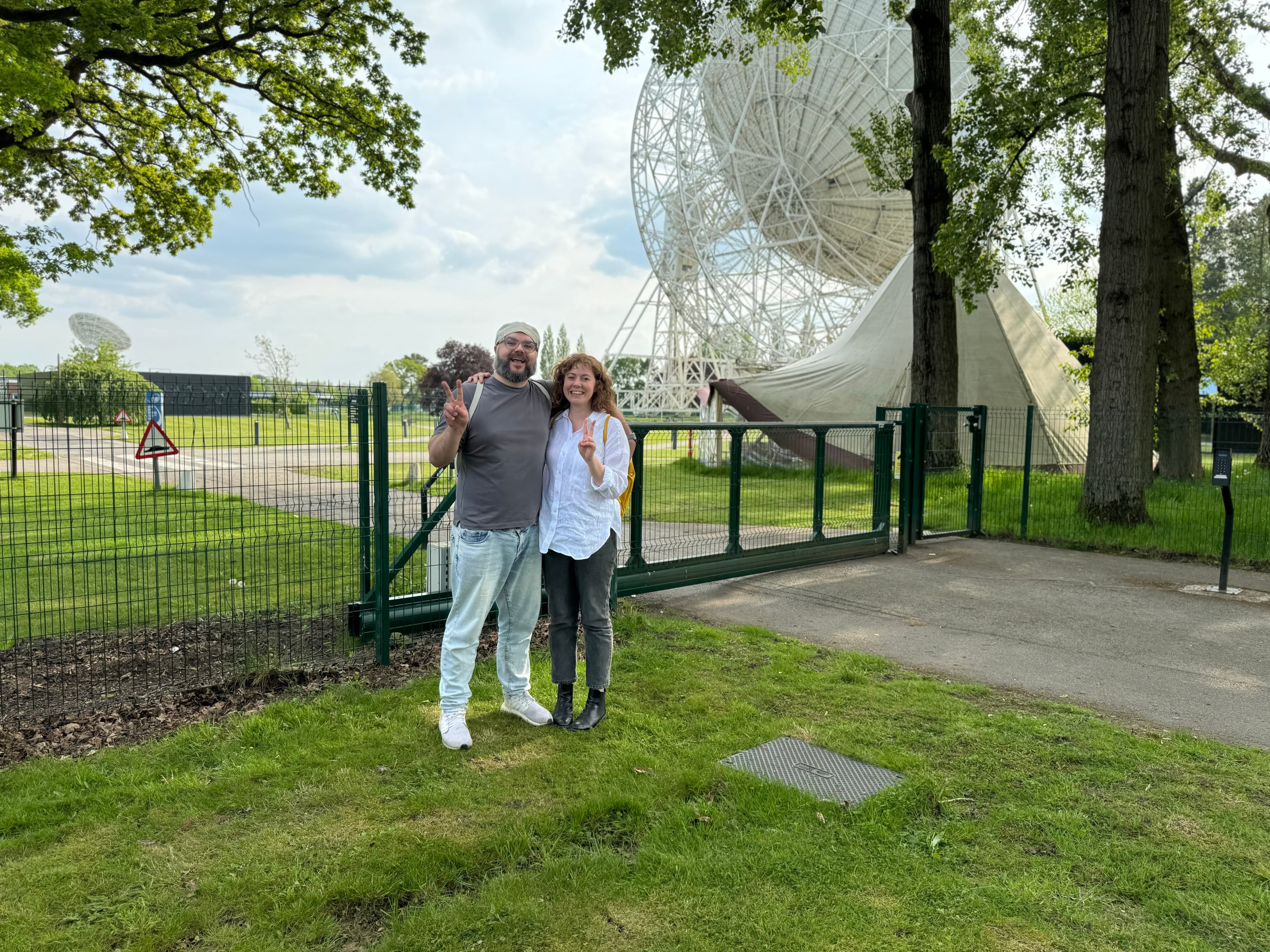 Pascal Pixel and Elly McKeown at the Lovell Telescope at Jodrell Bank Observatory, part of the University of Manchester