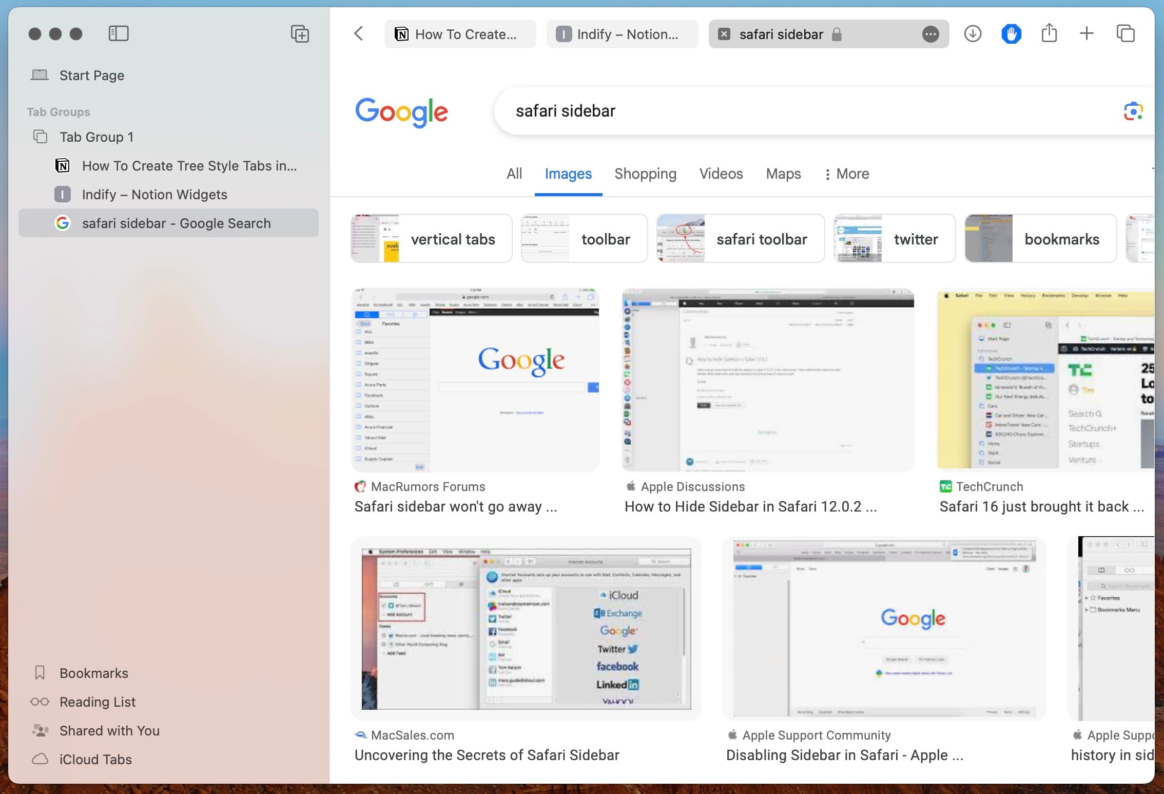 Tree Style Tabs in Safari with list of tabs in a sidebar to the left of the browser with normal tabs still in view