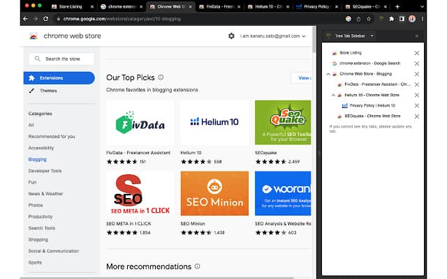 Tree Tab Sidebar extension in Google Chrome with Tree Style Tabs listed in a vertical list to the right of the browser