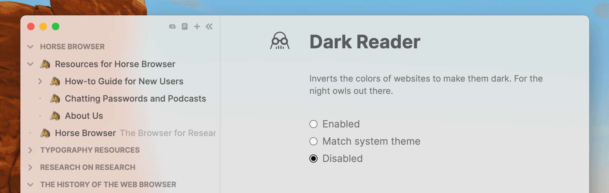 Dark Reader options in the Settings page of Horse Browser