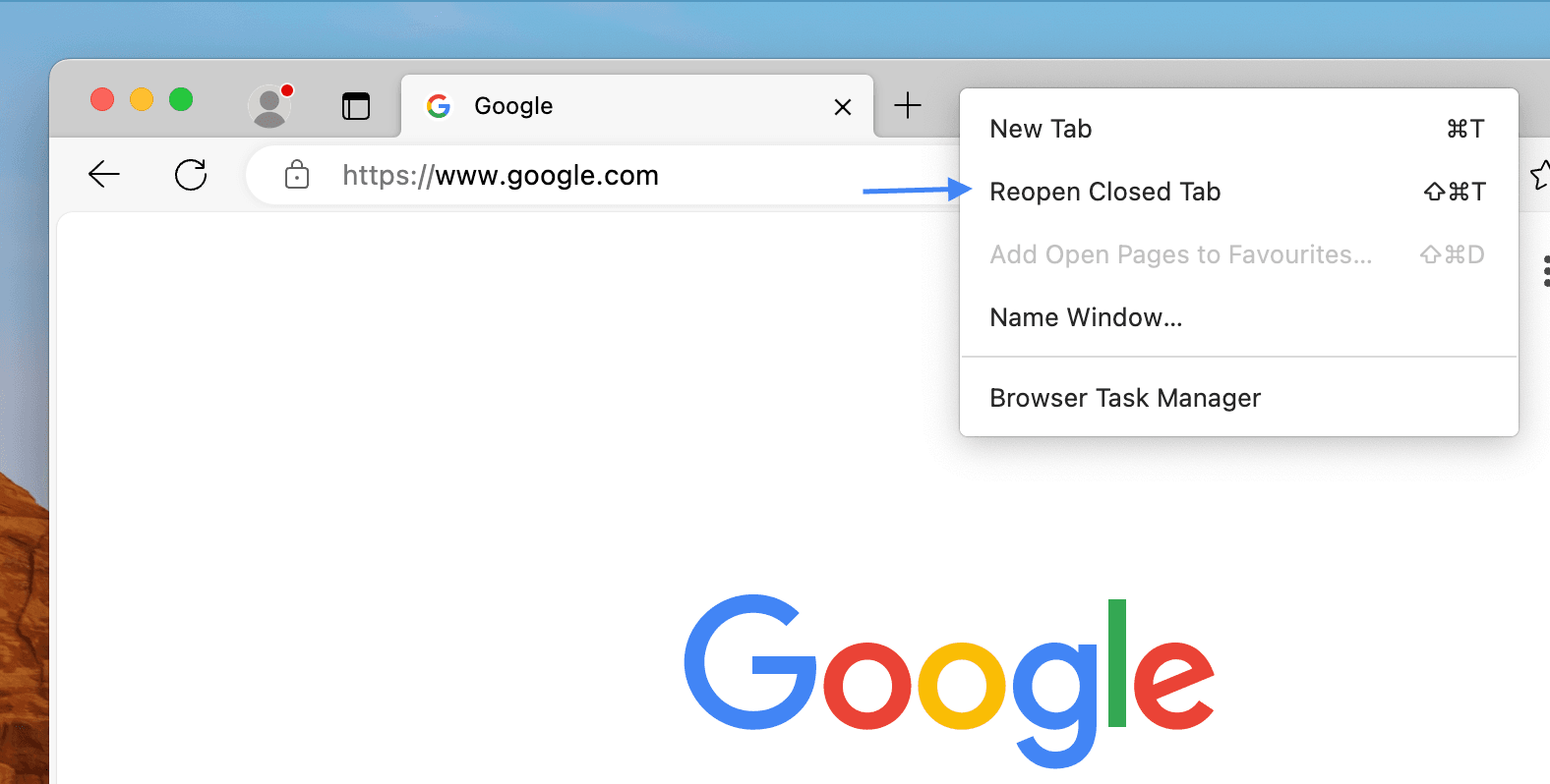 Google Chrome Title Bar with Option to Reopen Closed Tab